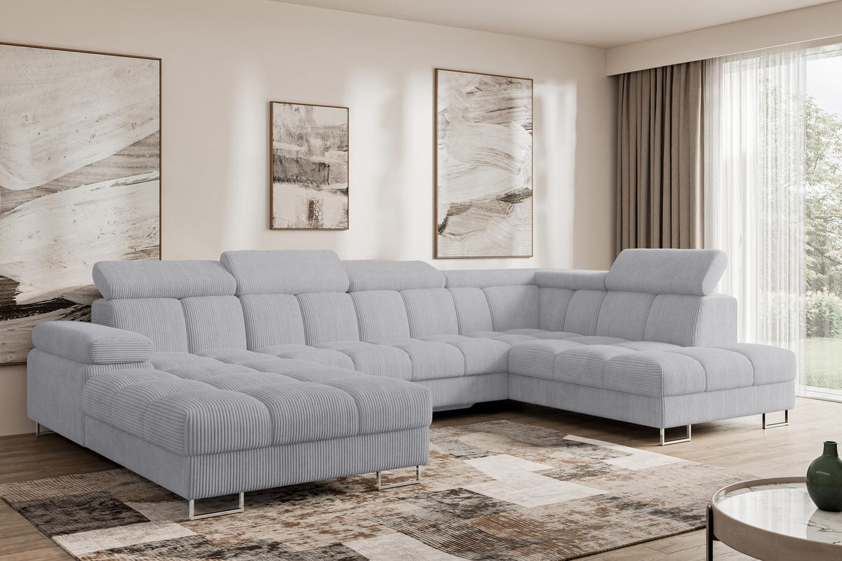 WOHNLANDSCHAFT mit Schlaffunktion und Bettkasten Ottomane RECHTS COMA U 345x203x79 Grau Cord - Anthrazit, Holzwerkstoff/Textil (203/79/345cm) - ALTDECOR