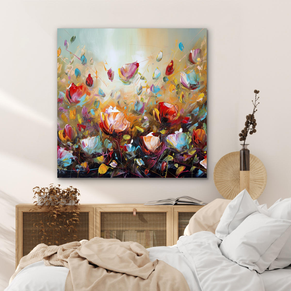 KOVOVÝ OBRAZ Kvety - Umenie - Príroda - Olejomaľba 90x90 cm - viacfarebná, kov (90/90cm) - MuchoWow