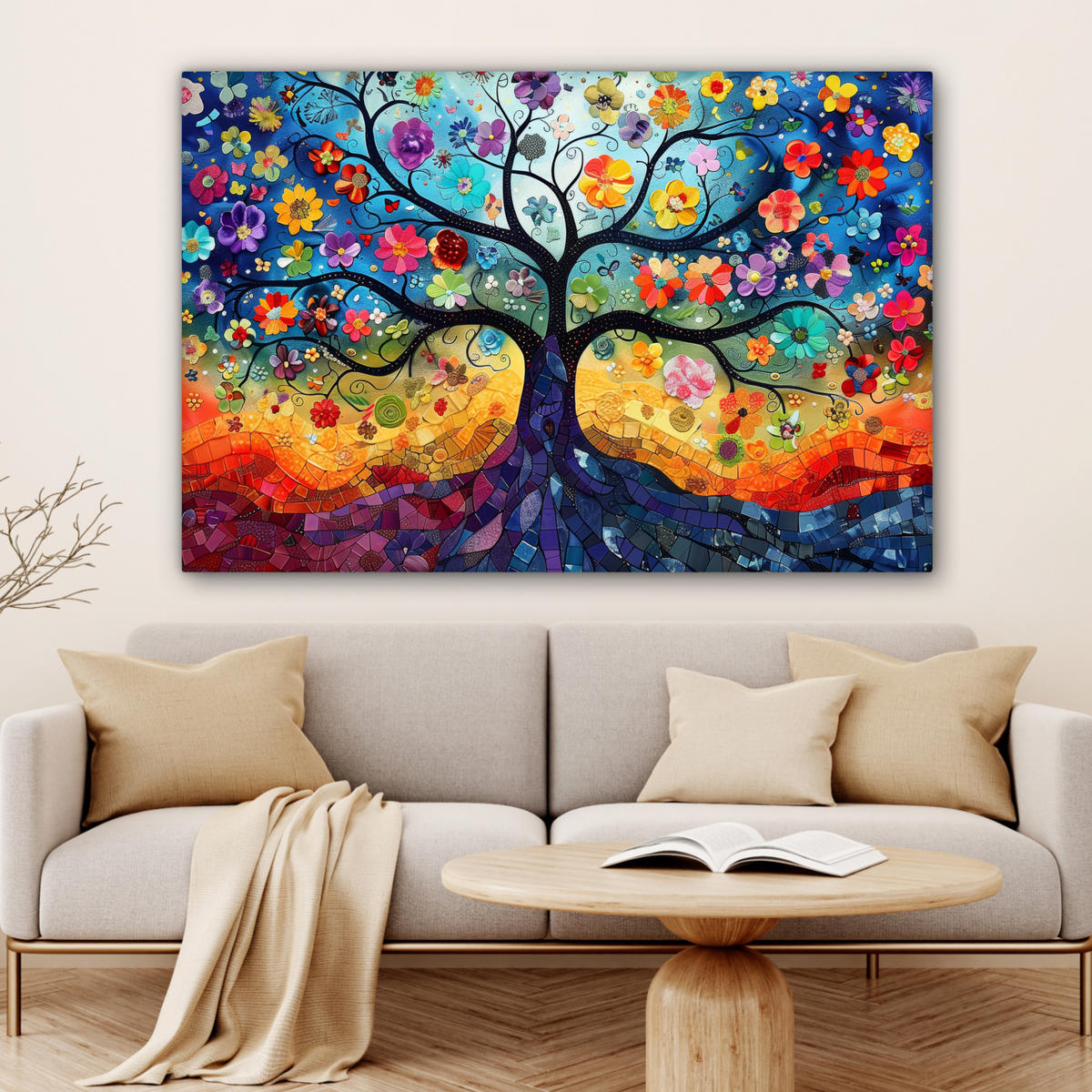 LEINWANDBILD Kunst - Baum des Lebens - Blumen - Hippie Wohnzimmer 120x80 cm - Dunkelblau, Textil (120/80cm) - MuchoWow