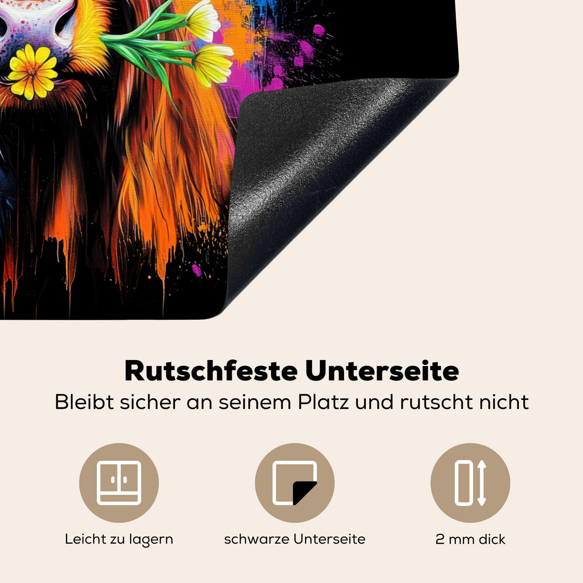 HERDABDECKPLATTE Schottischer Highlander - Graffiti - Bunt - Blume - Tiere Herdabdeckung Induktionsfeld 60x52 cm - Multicolor, Kunststoff (60/52/0.2cm) - MuchoWow