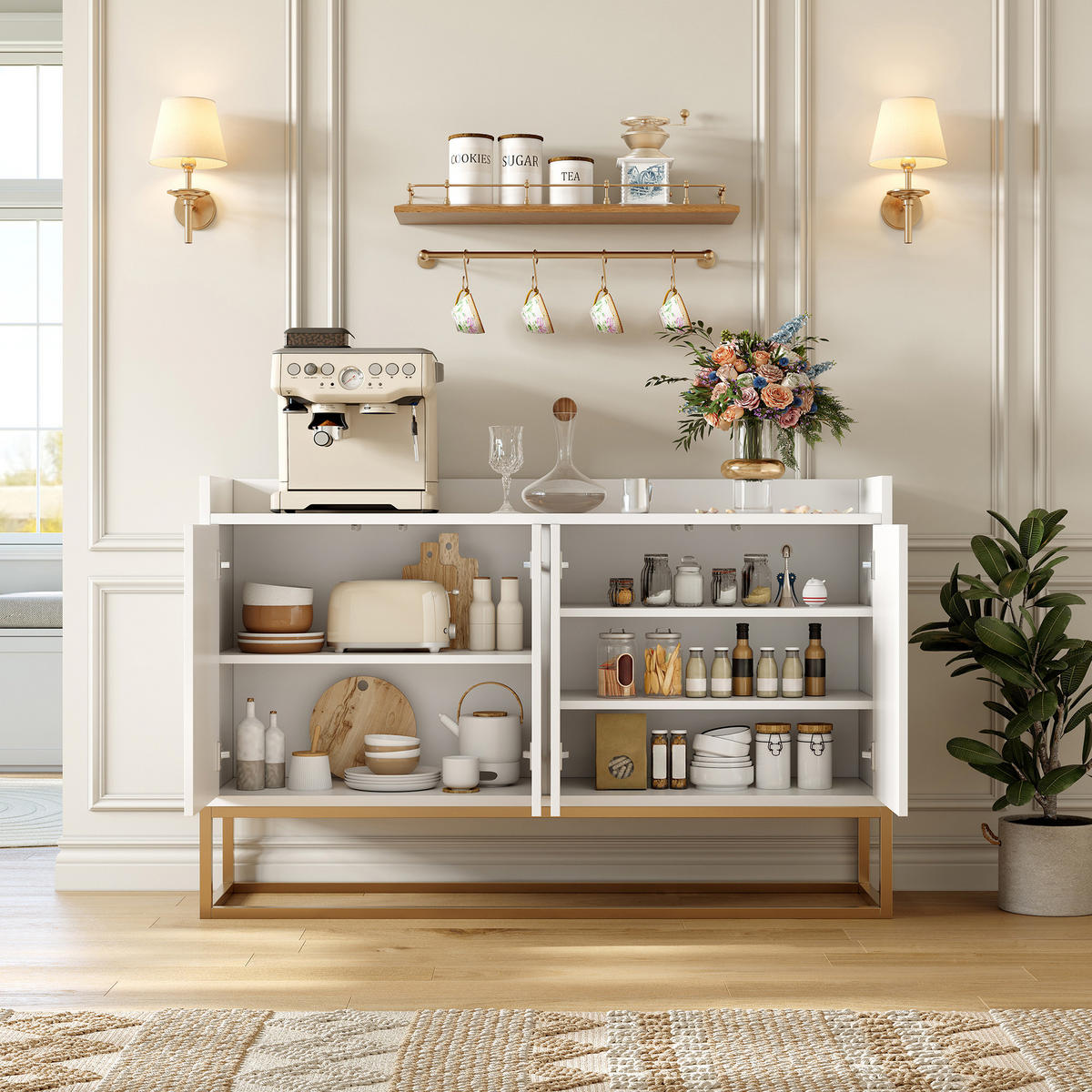 SIDEBOARD, 120/80/30 cm, mit 4 Türen, MDF, weiß - Weiß, Holz/Metall (120/80/30cm) - GENKI LIVING