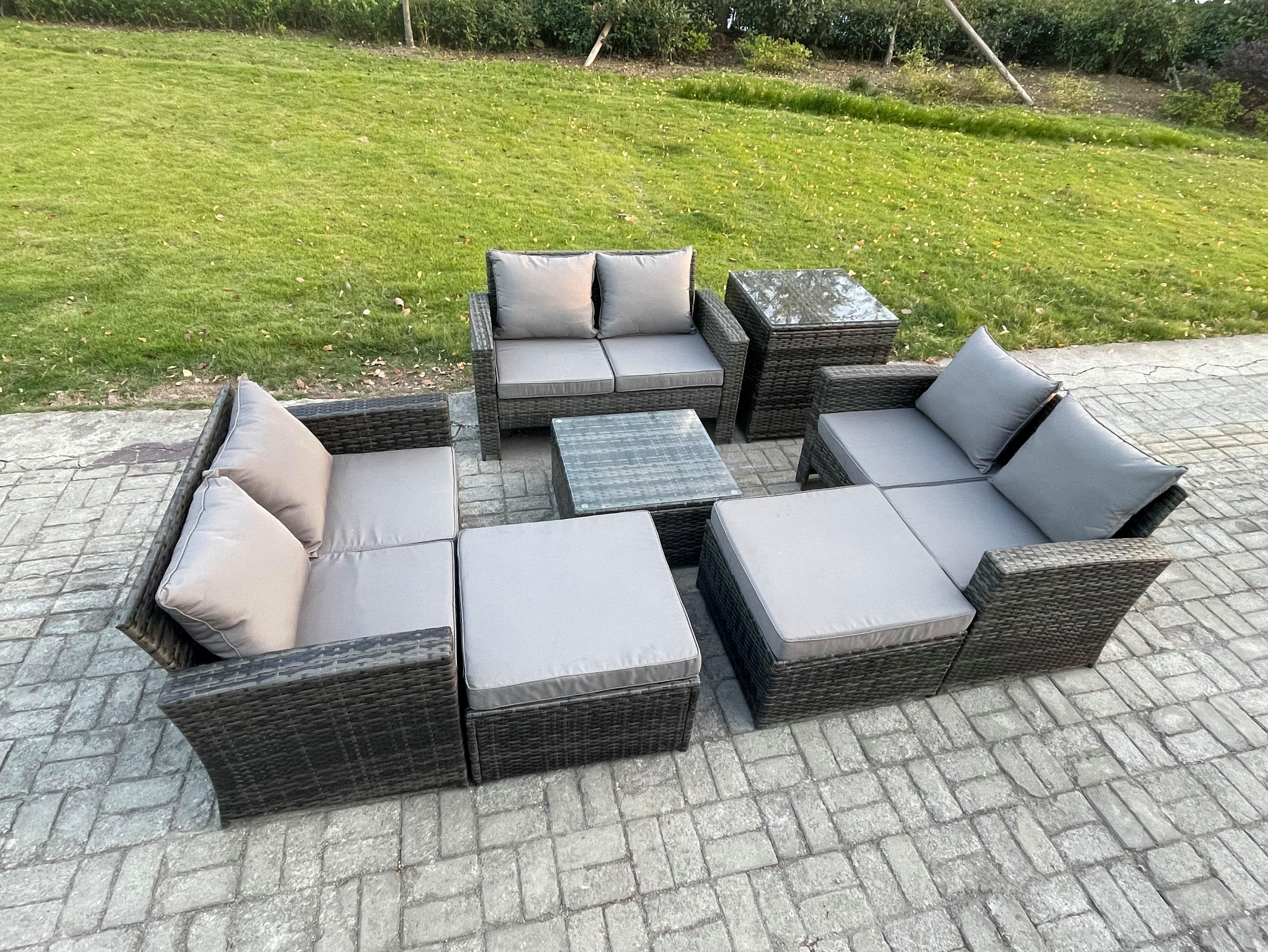 GARTENSOFA Hohe Rückenlehne Polyrattan Dunkelgrau 8-Sitzer - Dunkelgrau, Metall - Fimous