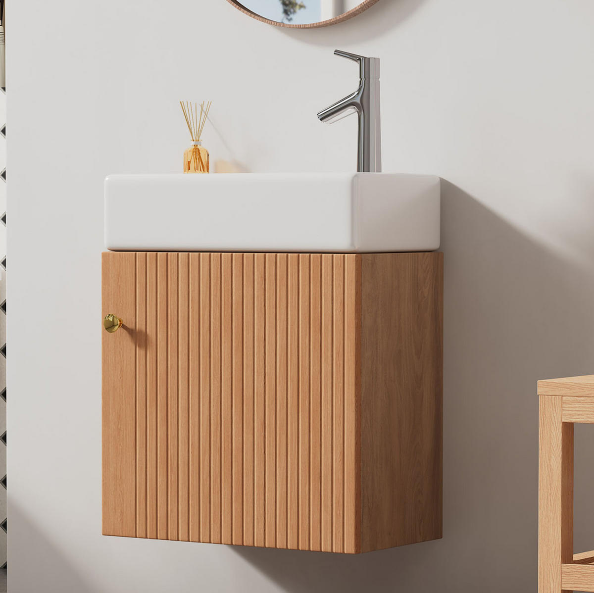 KOUPELNOVÁ skříňka s umyvadlem z MDF 46x26x56 cm v dekoru přírodního dřeva se soft-close dvířky a 3D čelem - přírodní, kompozitní dřevo (46/56/26cm) - Modfu