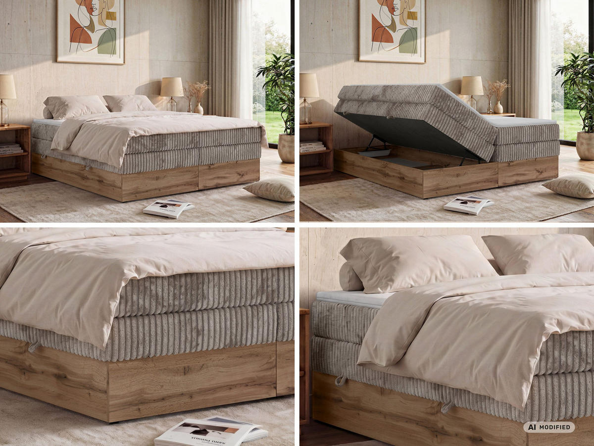 BOXSPRINGBETT WOOD ZERO KING 140/200 - Hellbraun Cord - Topper T25 - H4 - Hellbraun/Schwarz, Kunststoff/Textil (140/200cm) - MKS