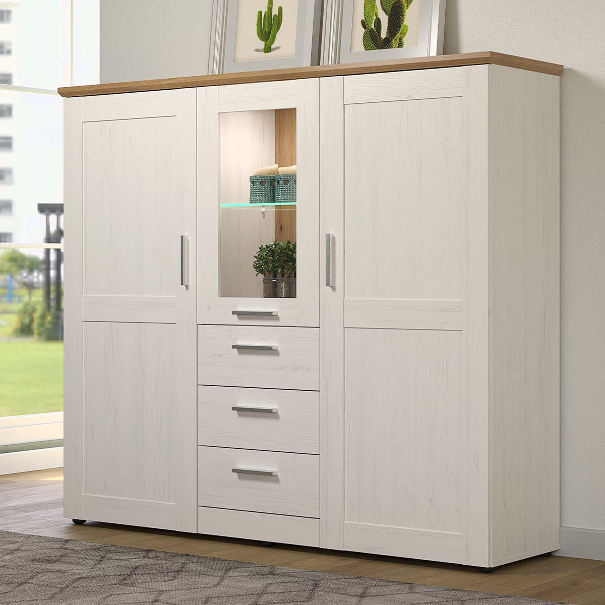 GESCHIRRSCHRANK 3 Türen, davon eine mit gehärtetem Glas, 3 Schubladen L159 cm - Shade - Pinienfarben, Holzwerkstoff (159/140/41cm) - Trendteam