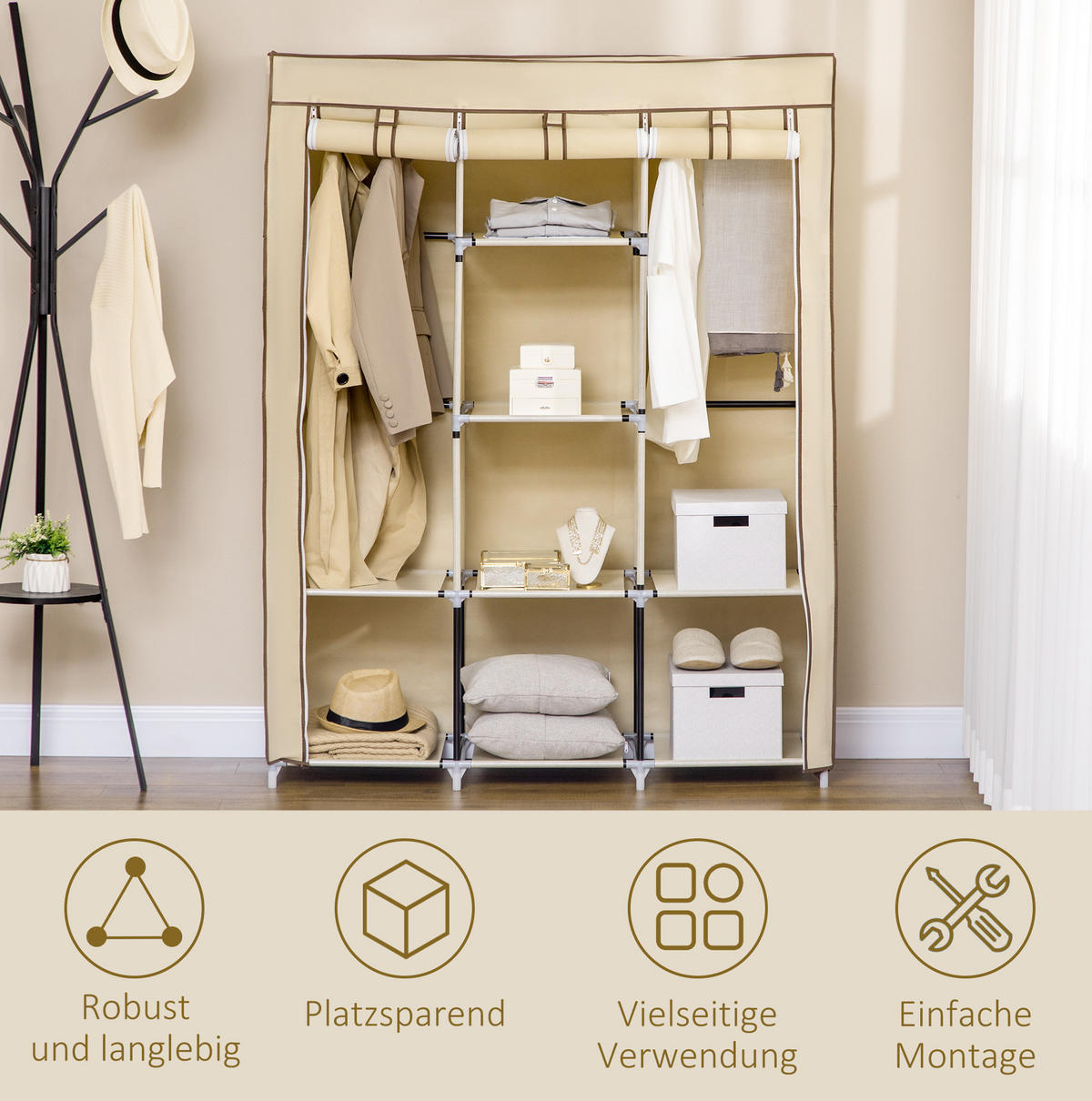 KLEIDERSCHRANK 125/43/162,5 cm aus Stoff in Beige mit 8 Fächern und 2 Kleiderstangen - Beige, Metall (125/162.5/43cm) - BEAOK