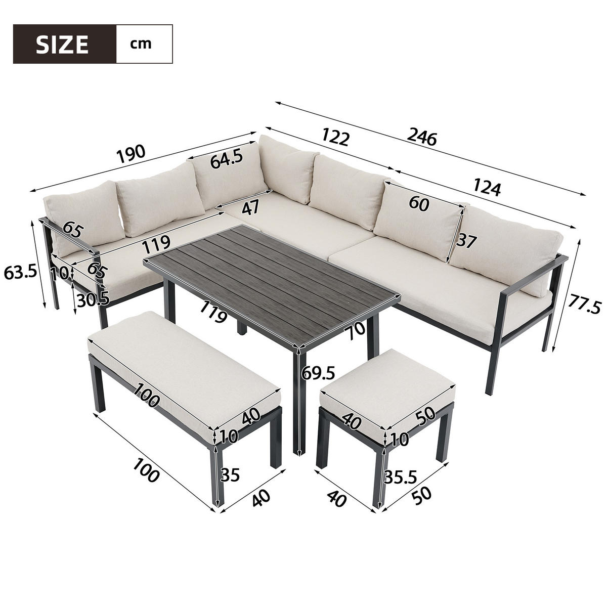 GARTEN-ESSGRUPPE 9 Personen Ecksofa Tisch Stahl Grau - Grau, Textil - FLIEKS