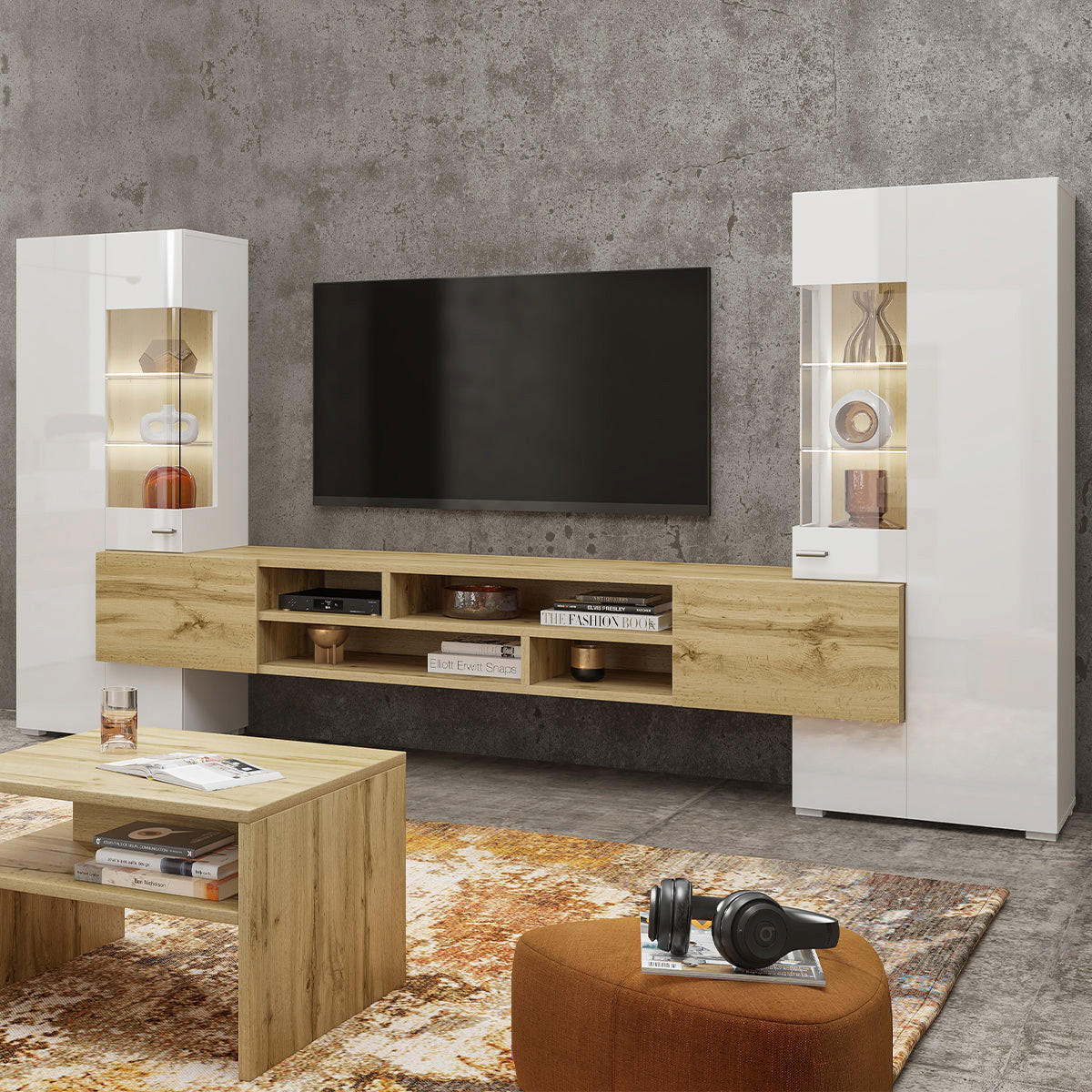 TV DÍL Akram Bílá a dřevo - bílá, kompozitní dřevo (270/143/45cm) - Petits-meubles