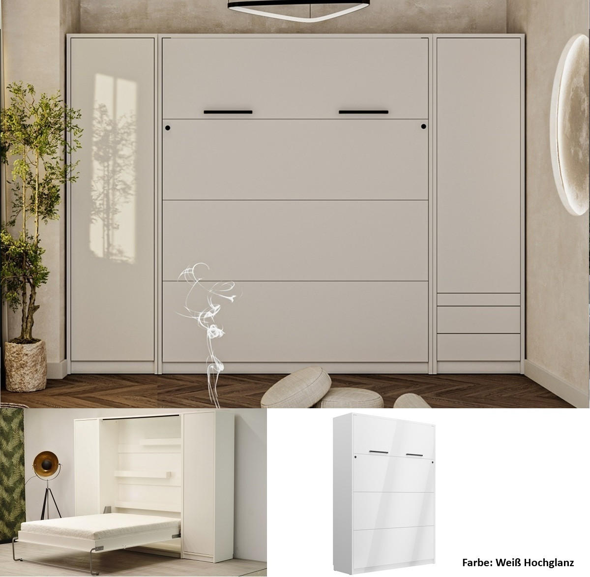 SCHRANKBETT vertikal GN 160x200 mit 2 Schränken & LED-Beleuchtung - Weiß hochglanz - 3-tlg. - Weiß Hochglanz/Schwarz, Holz/Holzwerkstoff (160/200cm) - QMM TraumMöbel