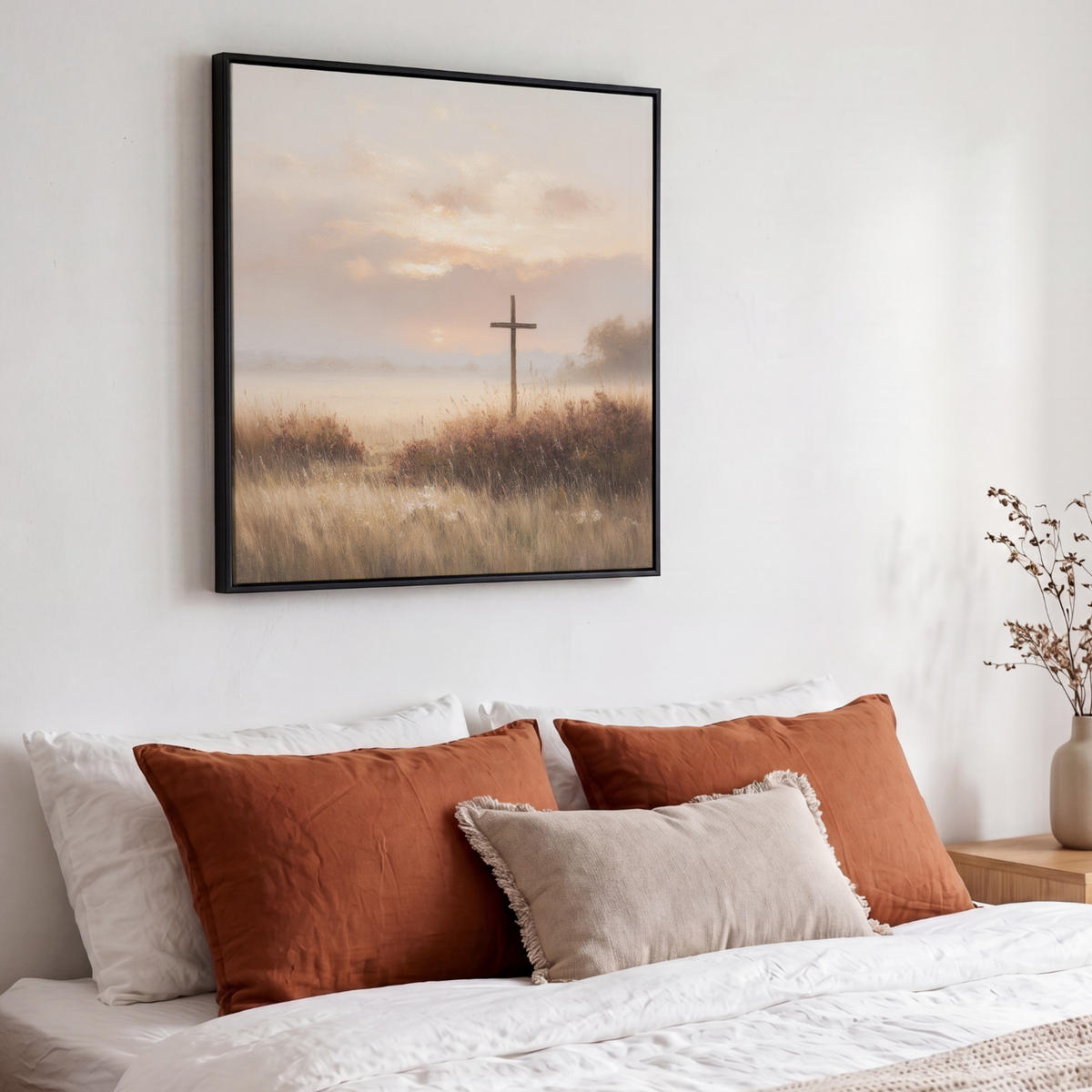 LEINWAND Bilder mit Rahmen - Gras - Morgennebel - Kreuz - Christentum - 50x50 - Beige, Textil (50/50cm) - MuchoWow