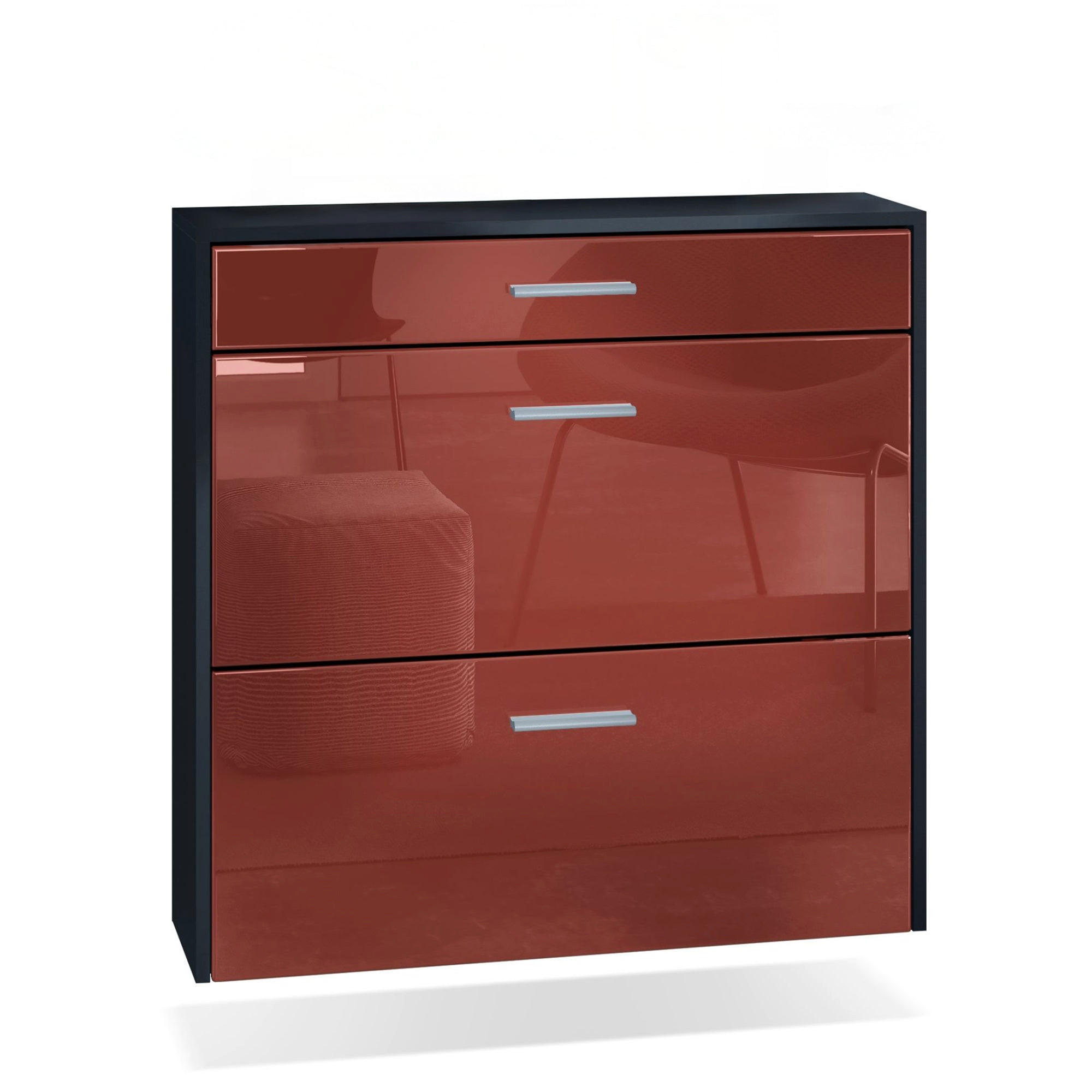 HÄNGENDER-SCHUHSCHRANK Roma Air Schmal mit 2 Klappen und 1 Schublade, Platzsparender Schuhkipper, Schwarz/Bordeaux Hochglanz (89 x 87 x 23 cm) - Bordeaux, Holzwerkstoff (89/87/23cm) - InnoFurn