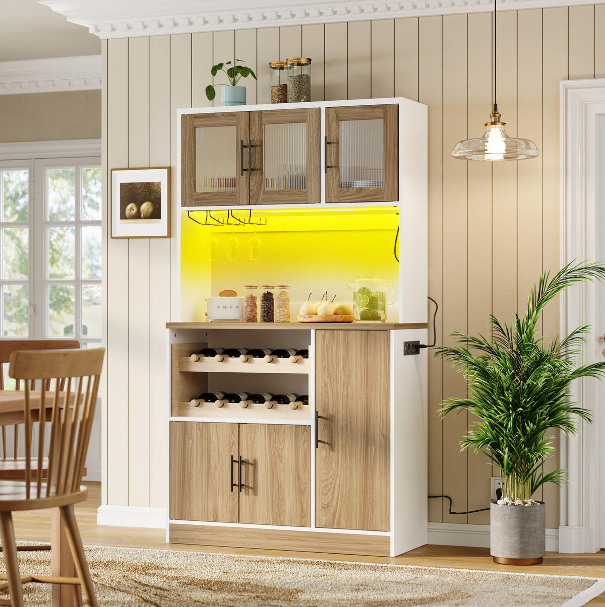 BUFFET 100/40/180 cm in Weiß/Sonoma-Eiche mit LED-Beleuchtung und Weinregal - Weiß, Holzwerkstoff (100/180/40cm) - Flora Grace
