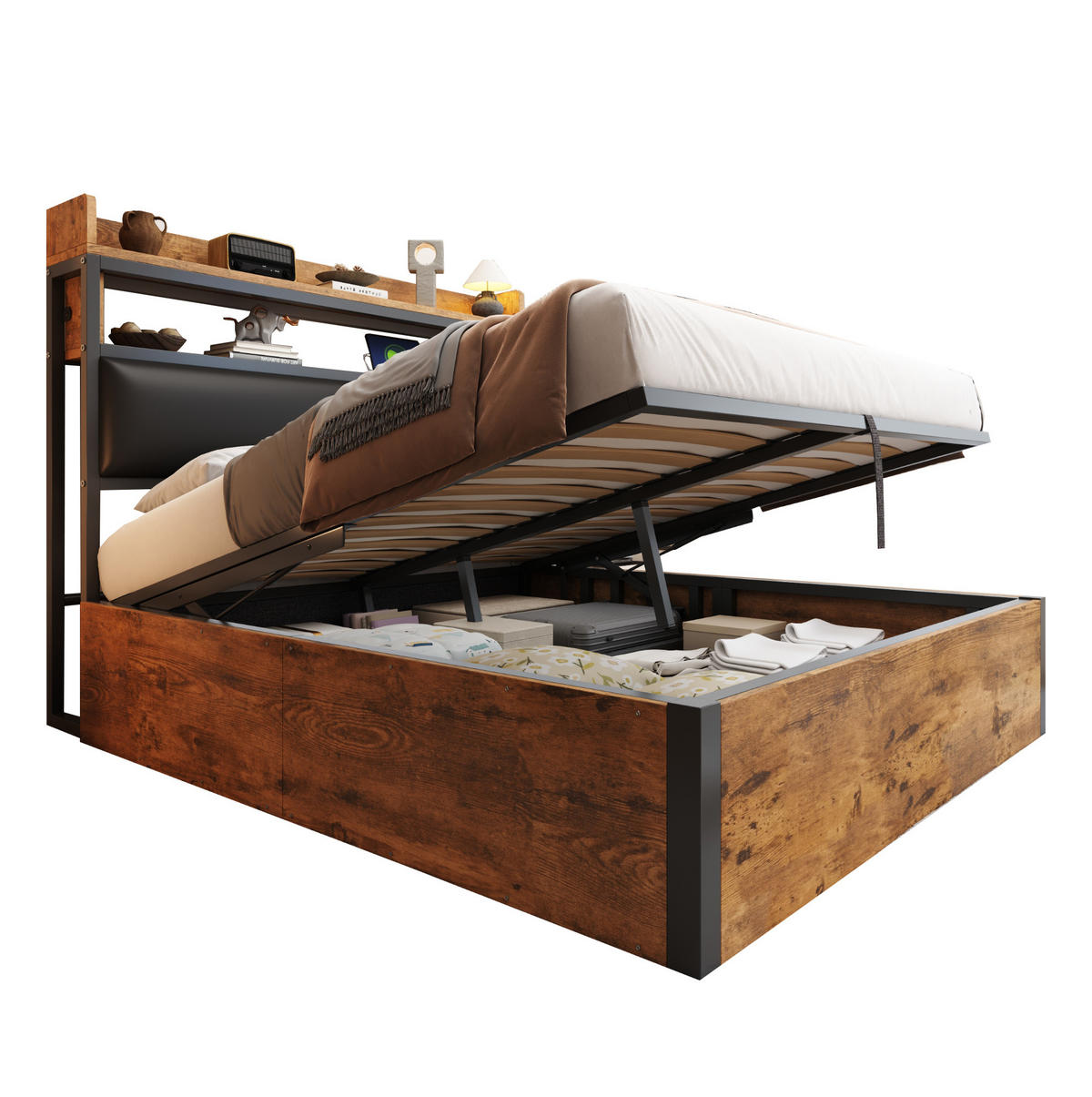 POLSTERBETT aus Metall, Holz und Stoff 180x200 cm Schwarz mit USB-Anschlüssen, hydraulischem Bettkasten und Kopfteilablage - Schwarz, Metall (180/200cm) - Modfu