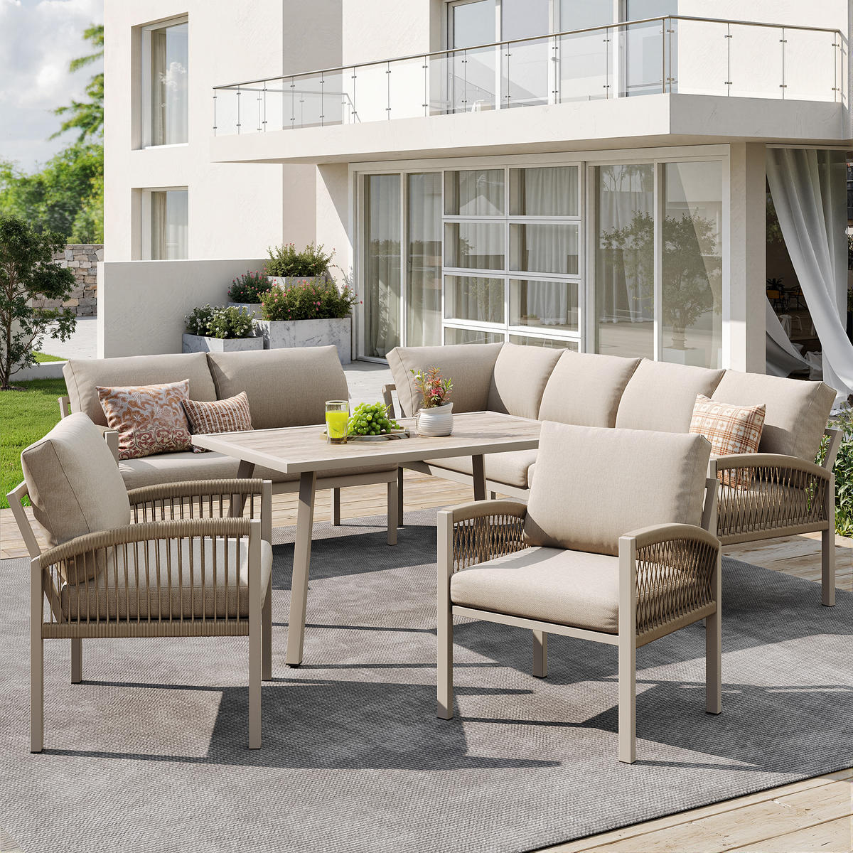 GARTENSET L-Form 8 Personen Beige Inkl. Tisch & 2 Sesseln - Beige, Metall - FLIEKS