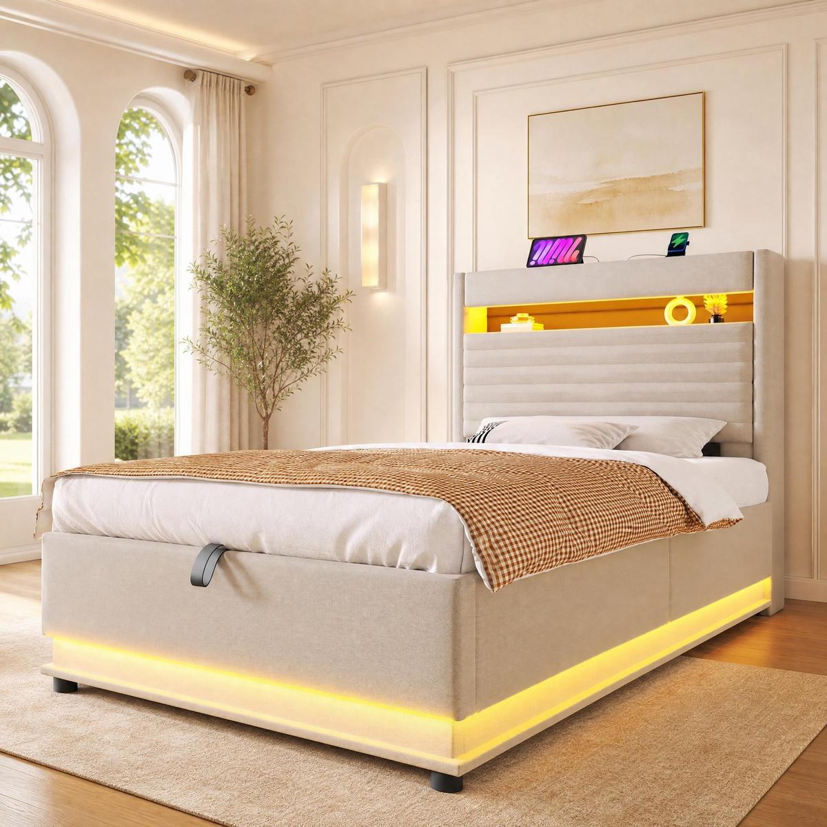 POLSTERBETT 90/200 cm in Beige mit LED-Beleuchtung und Stauraum - Beige, Textil (90/200cm) - Flora Grace