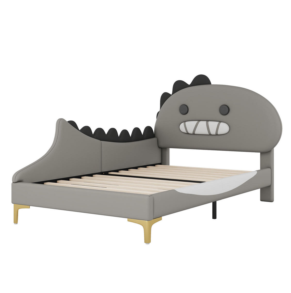 KINDERBETT 90/200 cm in Grau mit Dinosaurier-Kopfteil aus PU und MDF - Grau, Kunststoff (90/200cm) - BEAOK