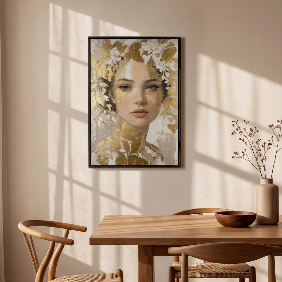 LEINWAND Bilder mit Rahmen - Gesicht - Frau - Blätter - Gold - 60x90 - Beige, Textil (60/90cm) - MuchoWow