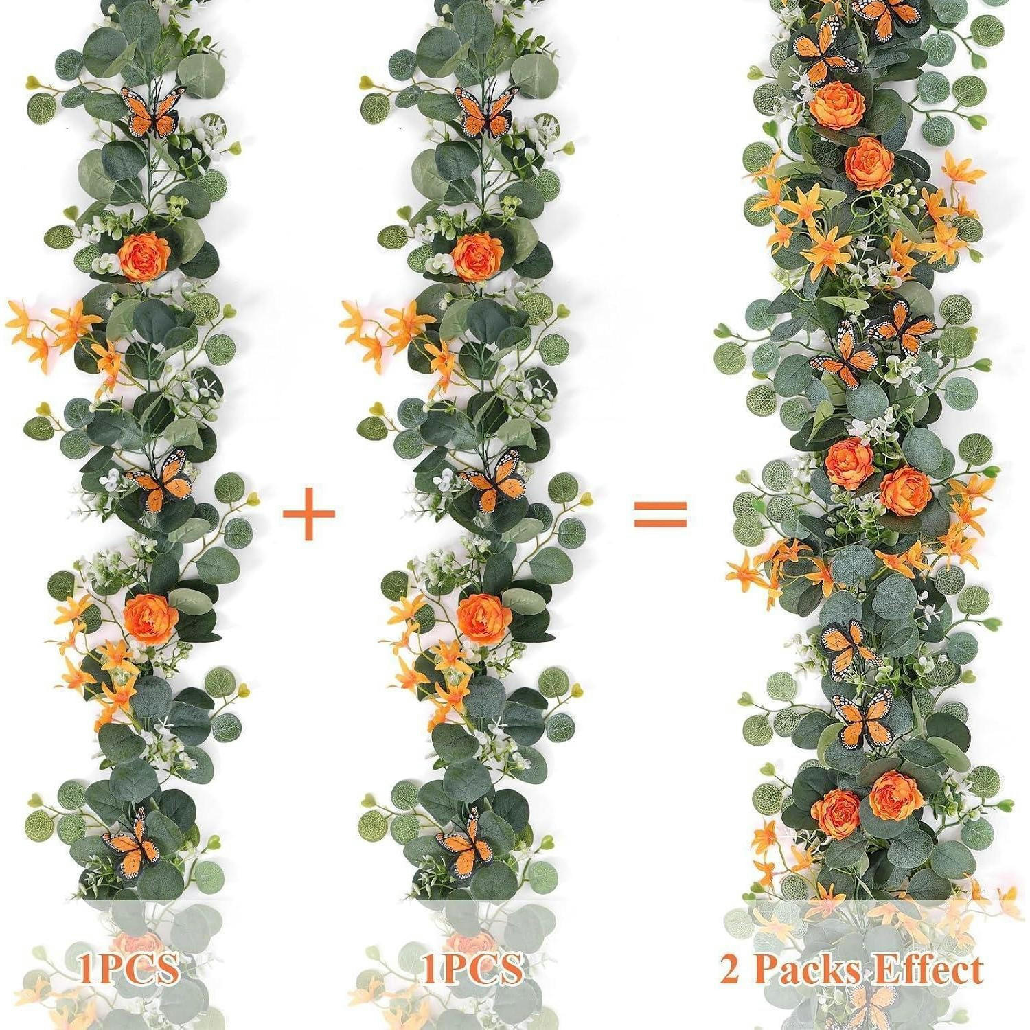 KÜNSTLICHE Blumengirlande 2er Set 200 cm mit Schmetterlingen und Blumen Orange - Multicolor, Kunststoff (200cm)