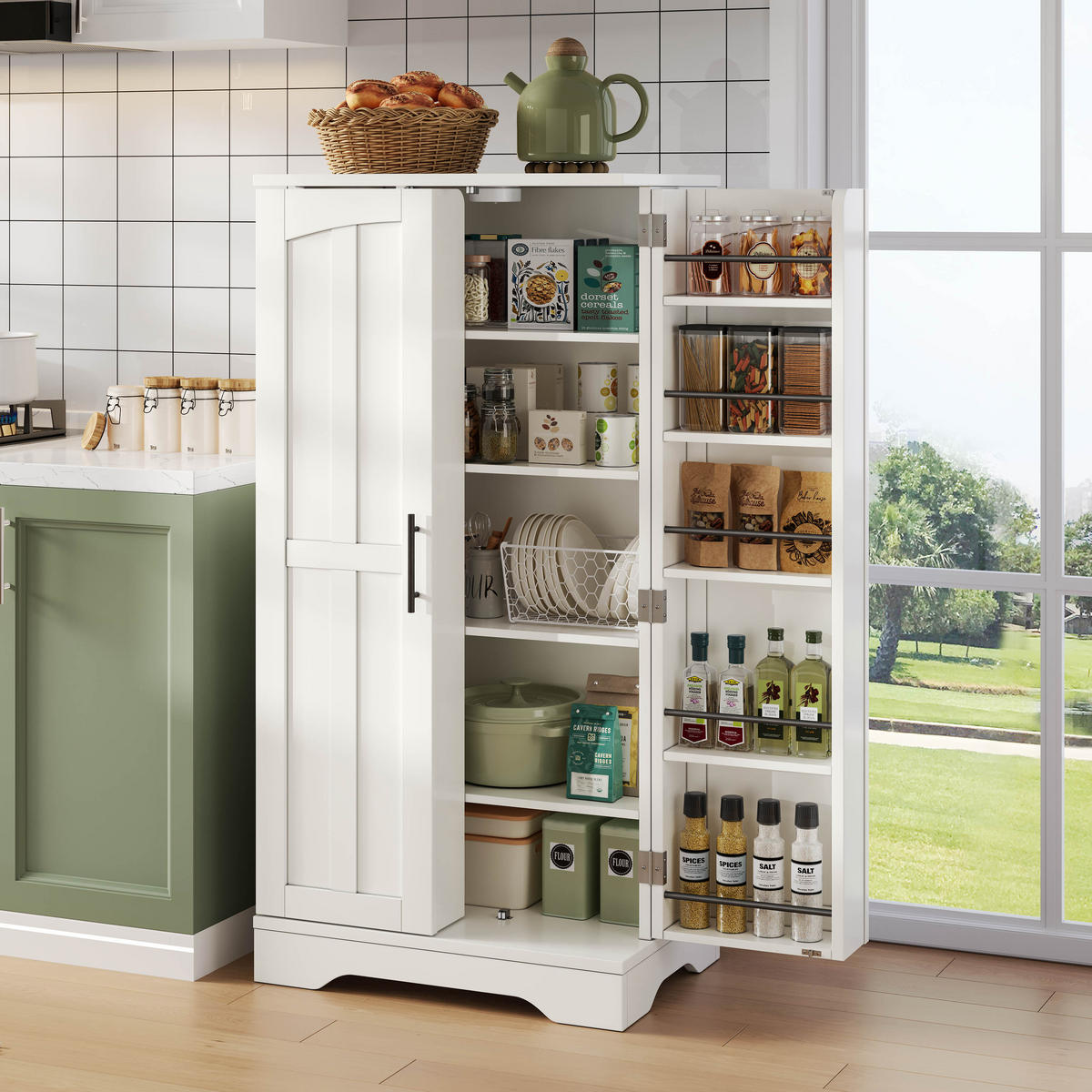 KÜCHENBUFFET mit LED-Beleuchtung und verstellbaren Einlegeböden, 60 x 40 x 120 cm, Weiß, MDF - Weiß, Holzwerkstoff (60/120/40cm) - SONNENH