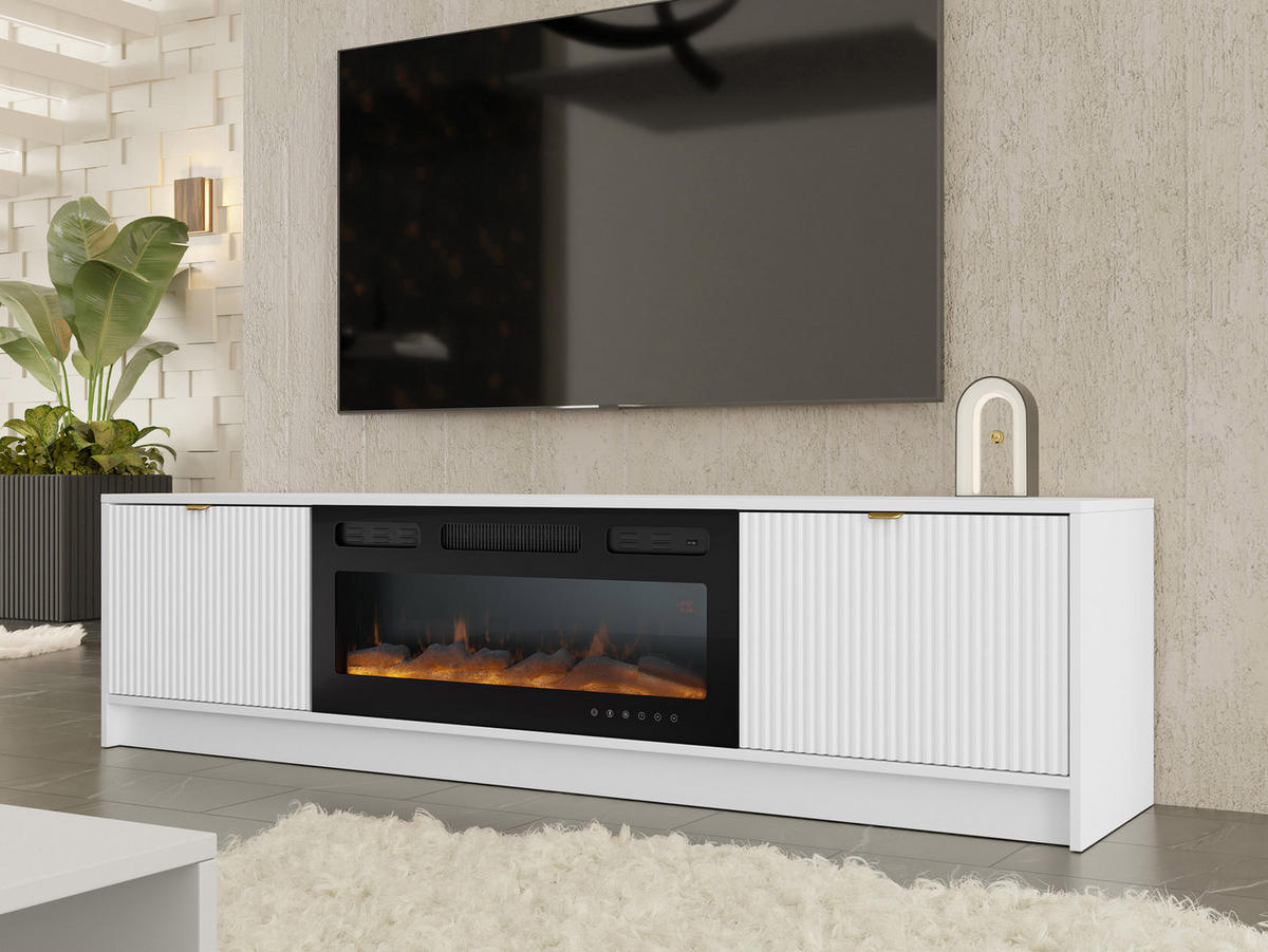 TV-LOWBOARD Tireno EF mit Elektrische Kamin - Goldfarben/Weiß, Holzwerkstoff/Metall (182/48/40cm) - MIRJAN24