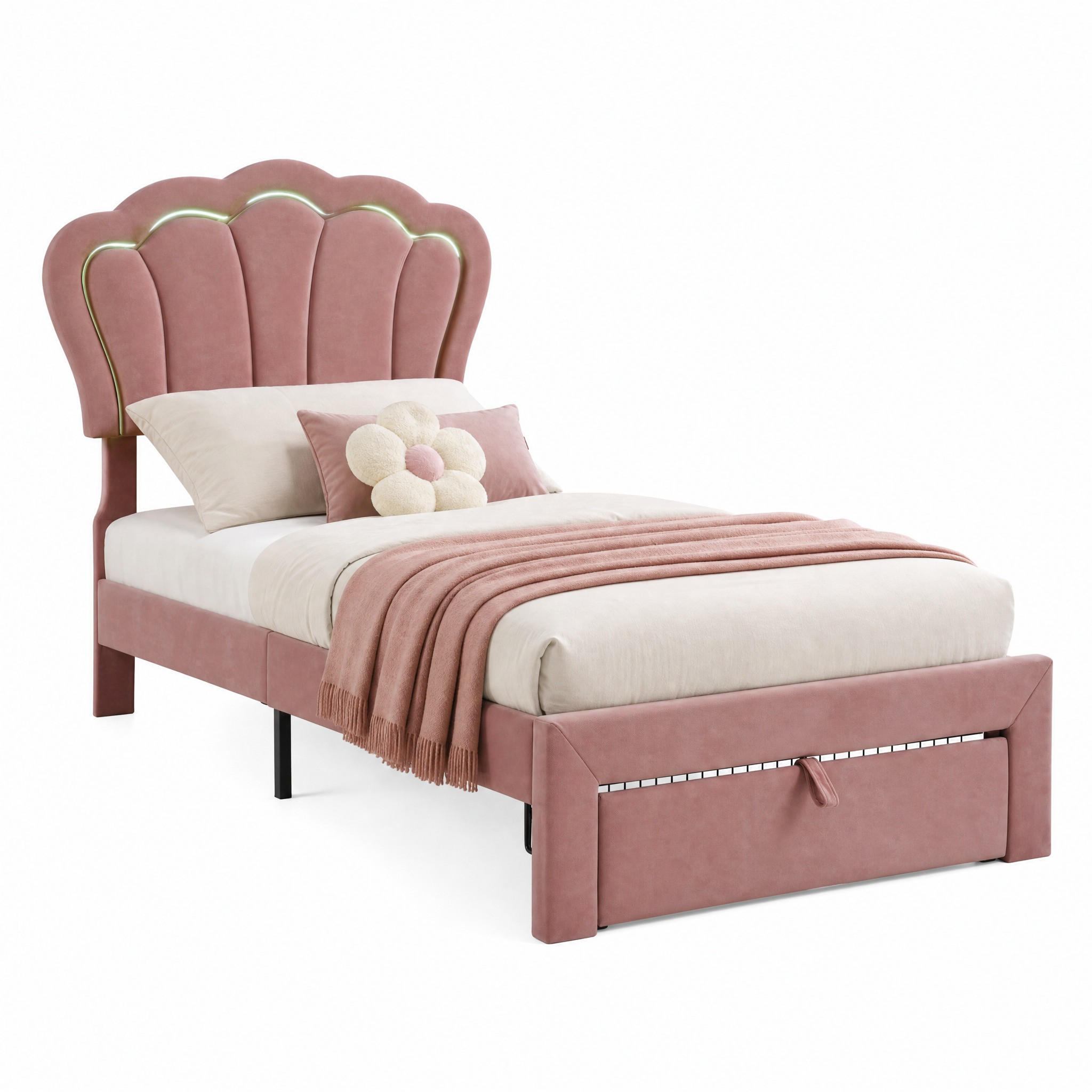 BETT mit LED und Schublade 90x190 cm Samt Rosa - Pink, Metall (90/190cm) - Meubliv