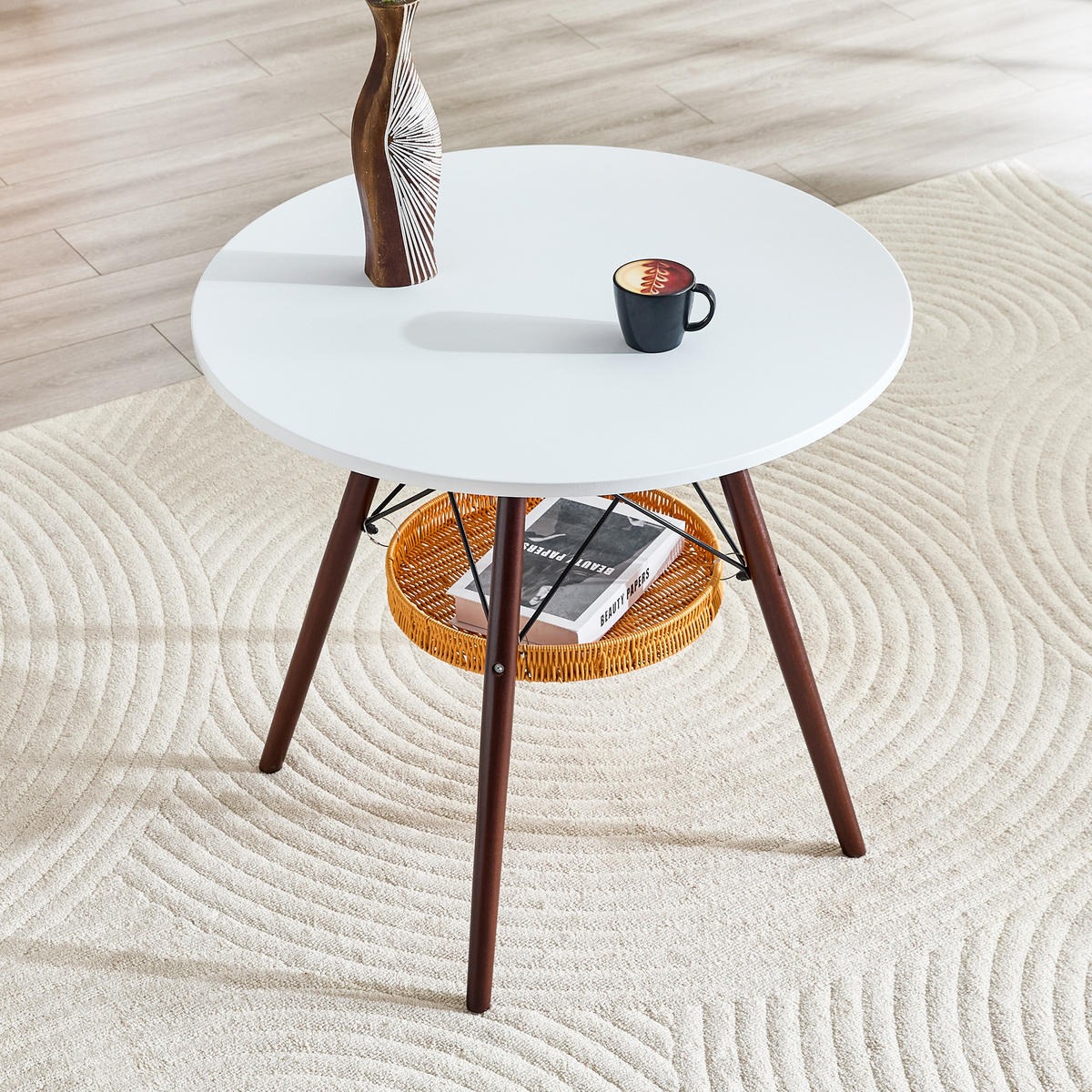 ESSTISCH in Eichefarben|Weiß Küchentisch mit MDF-Tischplatte, Massivholzbeinen und geflochtener Ablage, B80/T80/H71.5cm - Eichefarben/Weiß, Holzwerkstoff/Metall (80/80/71.5cm) - STILVORA