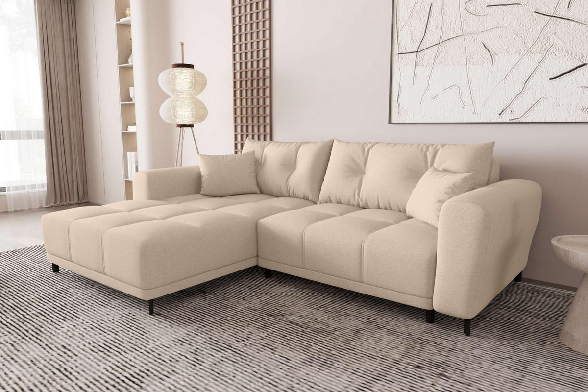 ECKSOFA Massimo Strukturstoff Beige inkl. Schlaffunktion Links - Beige/Schwarz, Textil/Metall (246/177cm) - 99rooms