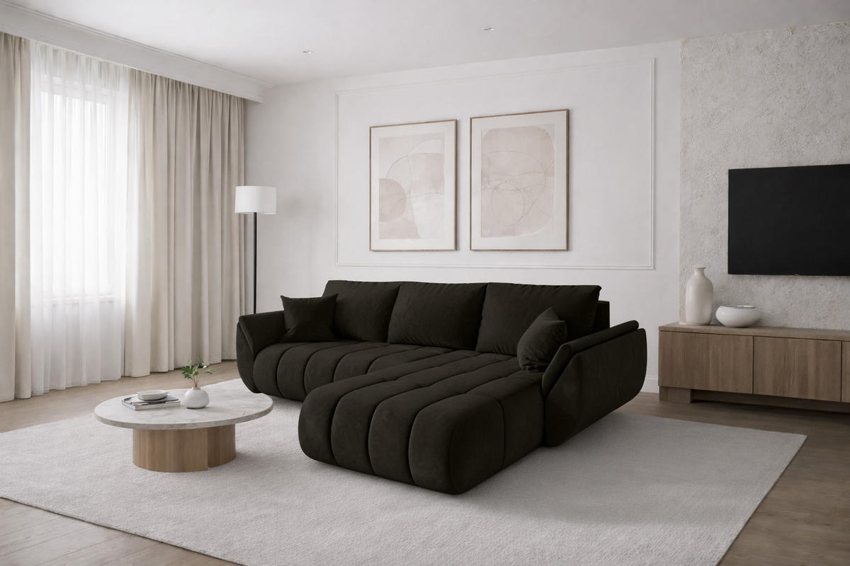 ECKSOFA TOKYO PREMIUM mit Schlaffunktion, Stoff MONOLITH, Dunkelgrau, Rechts - Dunkelgrau, Holz (280/190cm) - Kaiser Möbel