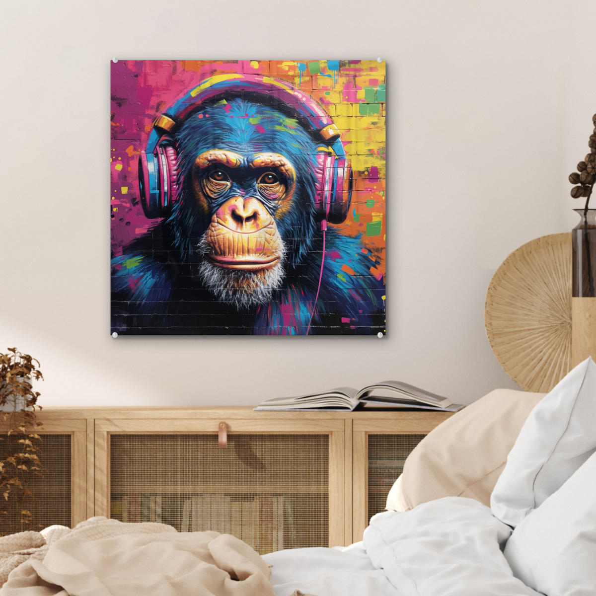 ACRYLGLASBILD Graffiti - Schimpanse - Straßenkunst - Kopfhörer - Affe 50x50 cm - Blau, Glas (50/50cm) - MuchoWow