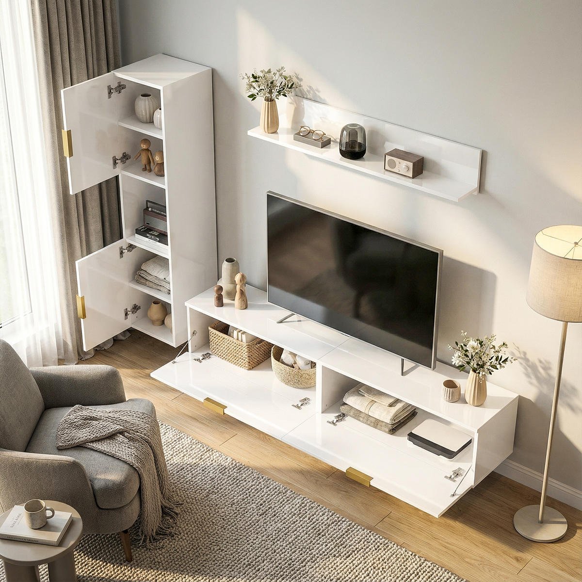 TV-BOARD DE-10902 schwebend mit Klapptüren Wandregal 180 cm Weiß - Weiß Hochglanz, Holzwerkstoff (33/30/180cm) - ComfortXL
