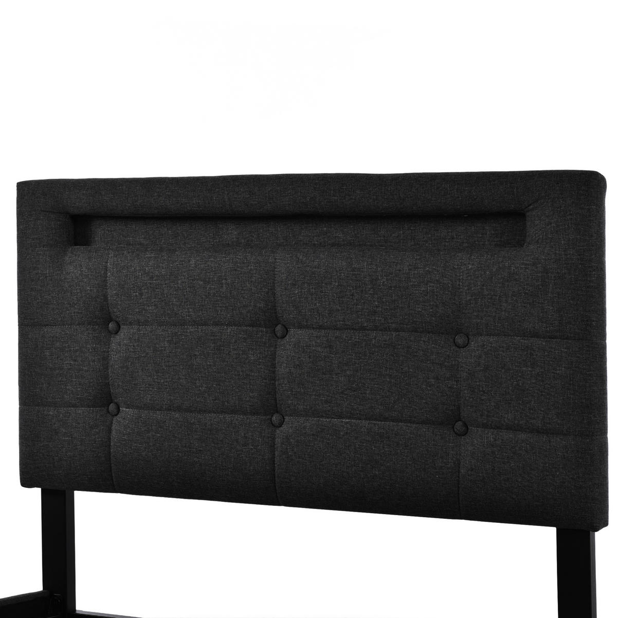 POLSTERBETT aus Leinen 90x200 cm Schwarz mit LED-Beleuchtung, 2 Schubladen und Federkernmatratze - Schwarz, Textil (90/200cm) - IVMEU