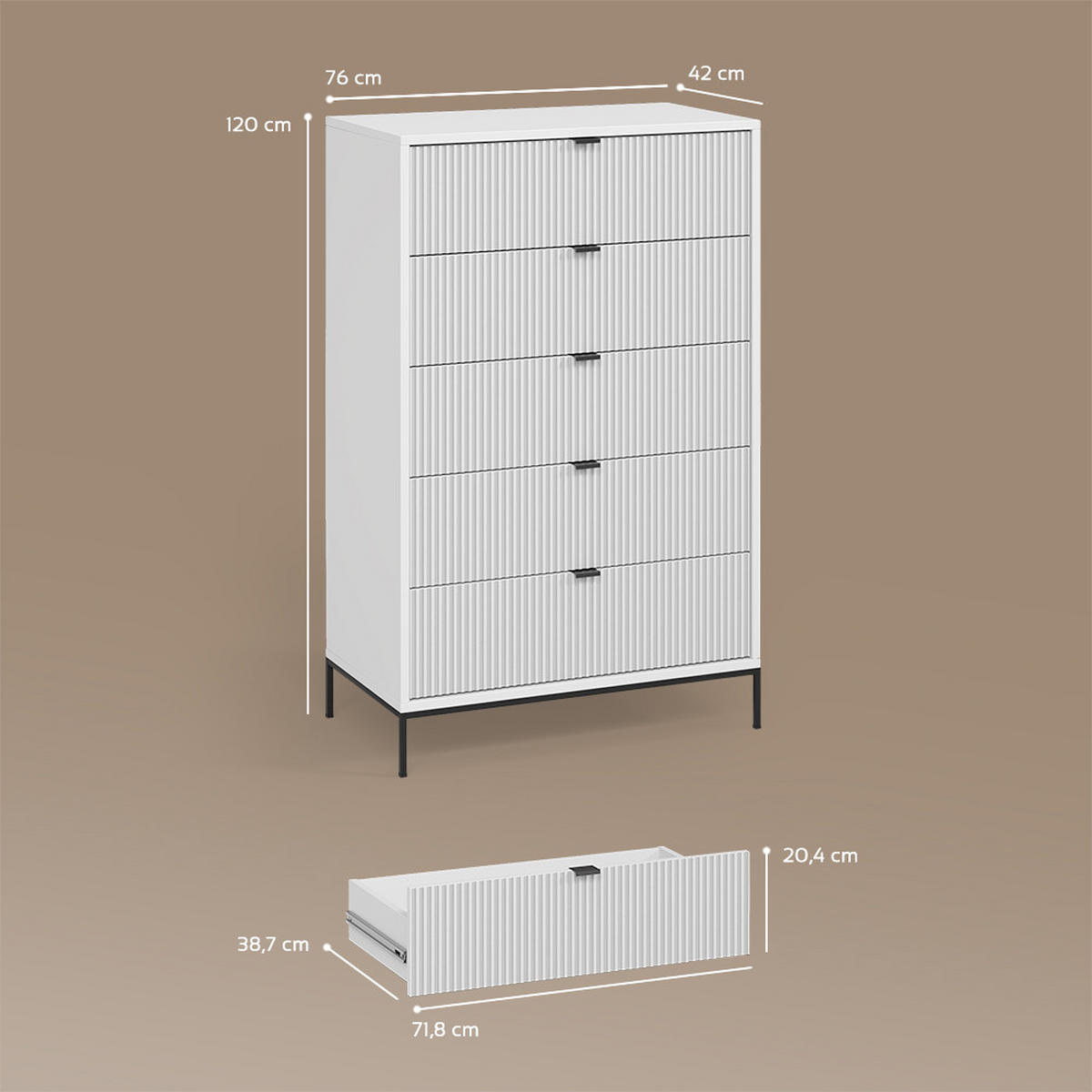 KOMMODE Aterno Weiß 76 x 120 cm mit 5 Schubladen - Weiß, Holzwerkstoff (76/120/42cm) - Livinity®