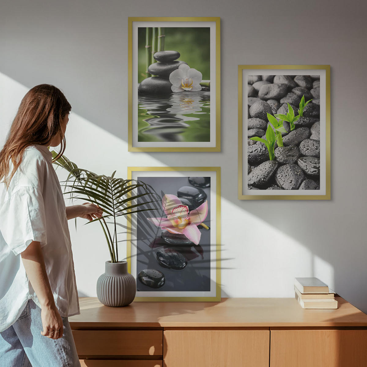 WANDBILDER 3er Set - 40x60 cm Goldrahmen - Eine ruhige Zen-Komposition aus Blumen und Wasser - Goldfarben, Kunststoff (40/60cm) - ArtPrintCave