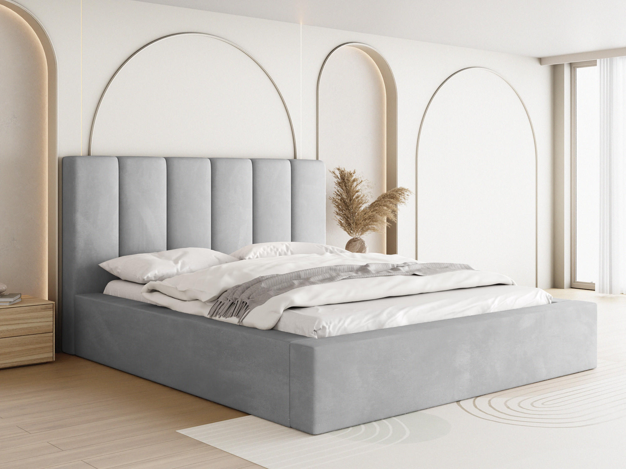 POLSTERBETT Amira mit Bettkasten, Grau Samt 180x200 cm - Birkefarben/Schwarz, Holz/Holzwerkstoff (180/200cm) - WFL GROUP