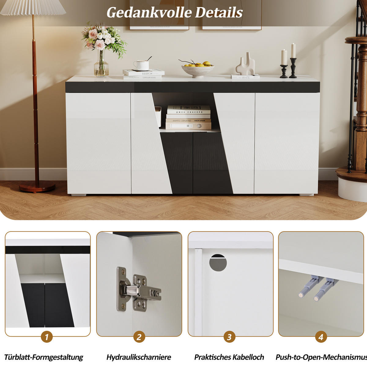SIDEBOARD 140/40/65 cm in Weiß mit 4 Türen und LED-Beleuchtung - Weiß, Holzwerkstoff (140/65/40cm) - Flora Grace