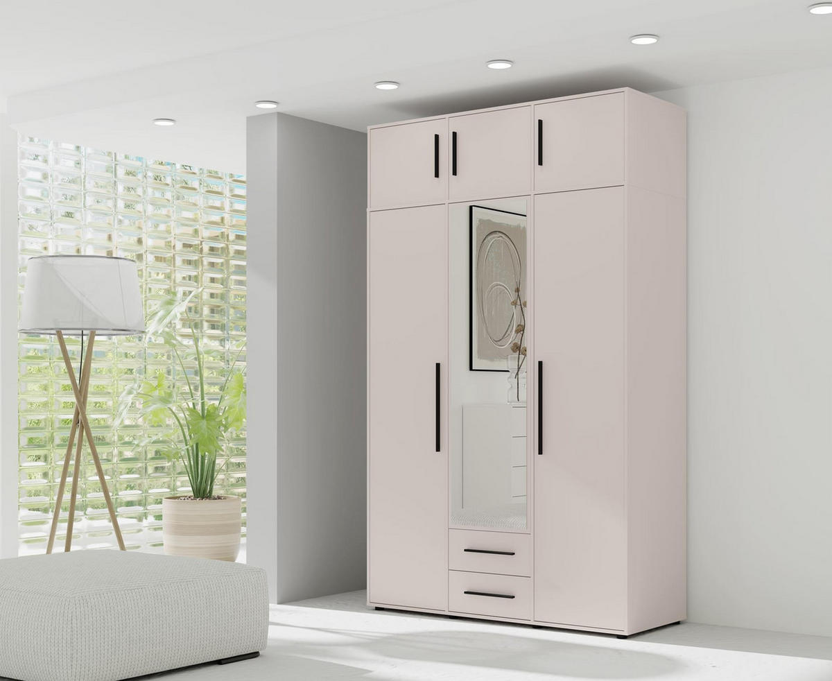 KLEIDERSCHRANK Maxivo Kaschmir, dreitüriger Kippschrank mit Schubladen und Spiegel, Erweiterung - Kaschmir/Schwarz, Holzwerkstoff (150/248/59cm) - Bettso