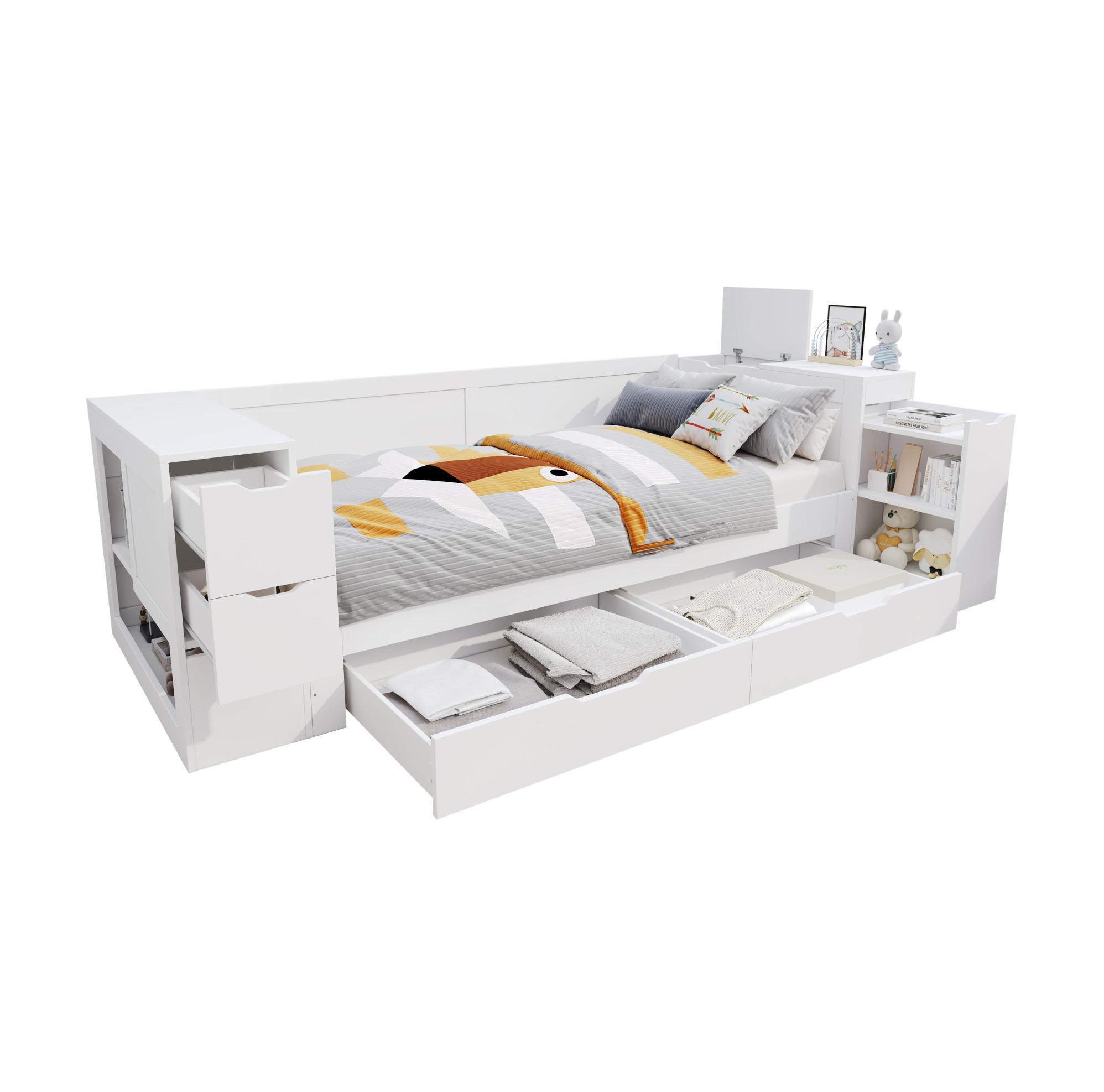 KINDERBETT 90/200 cm aus MDF mit Schublade, Regal und Nachttisch Weiß - Weiß, Holzwerkstoff (90/200cm) - Modenvie