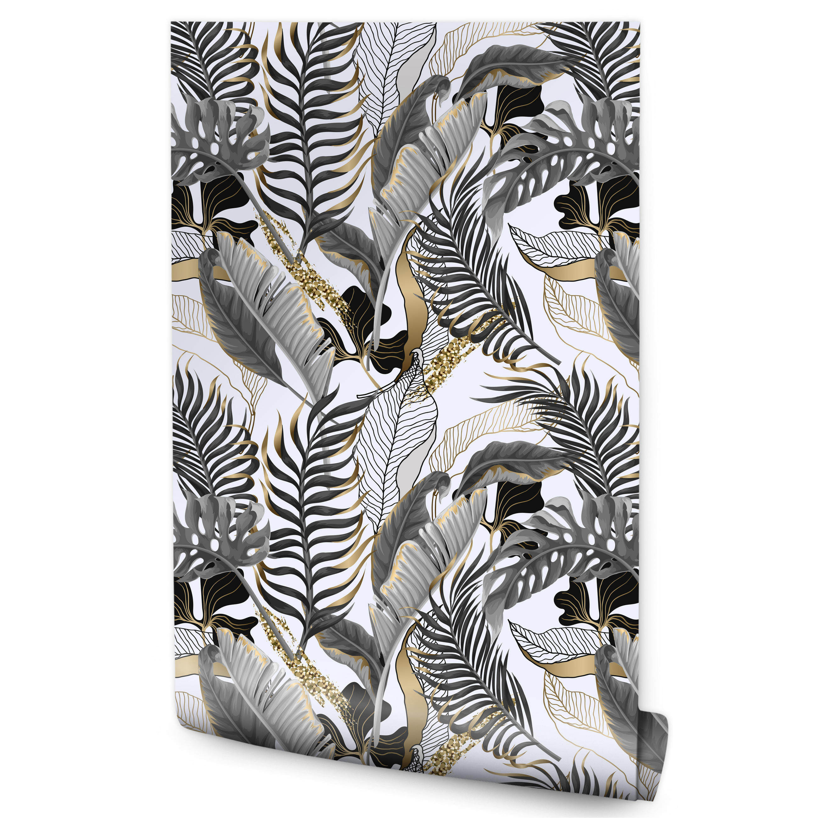 VLIESTAPETE Tropische Blätter – Schwarz, Goldfarben, Weiß – 50x1000 cm - Goldfarben/Schwarz, Papier (50/1000cm) - Muralo