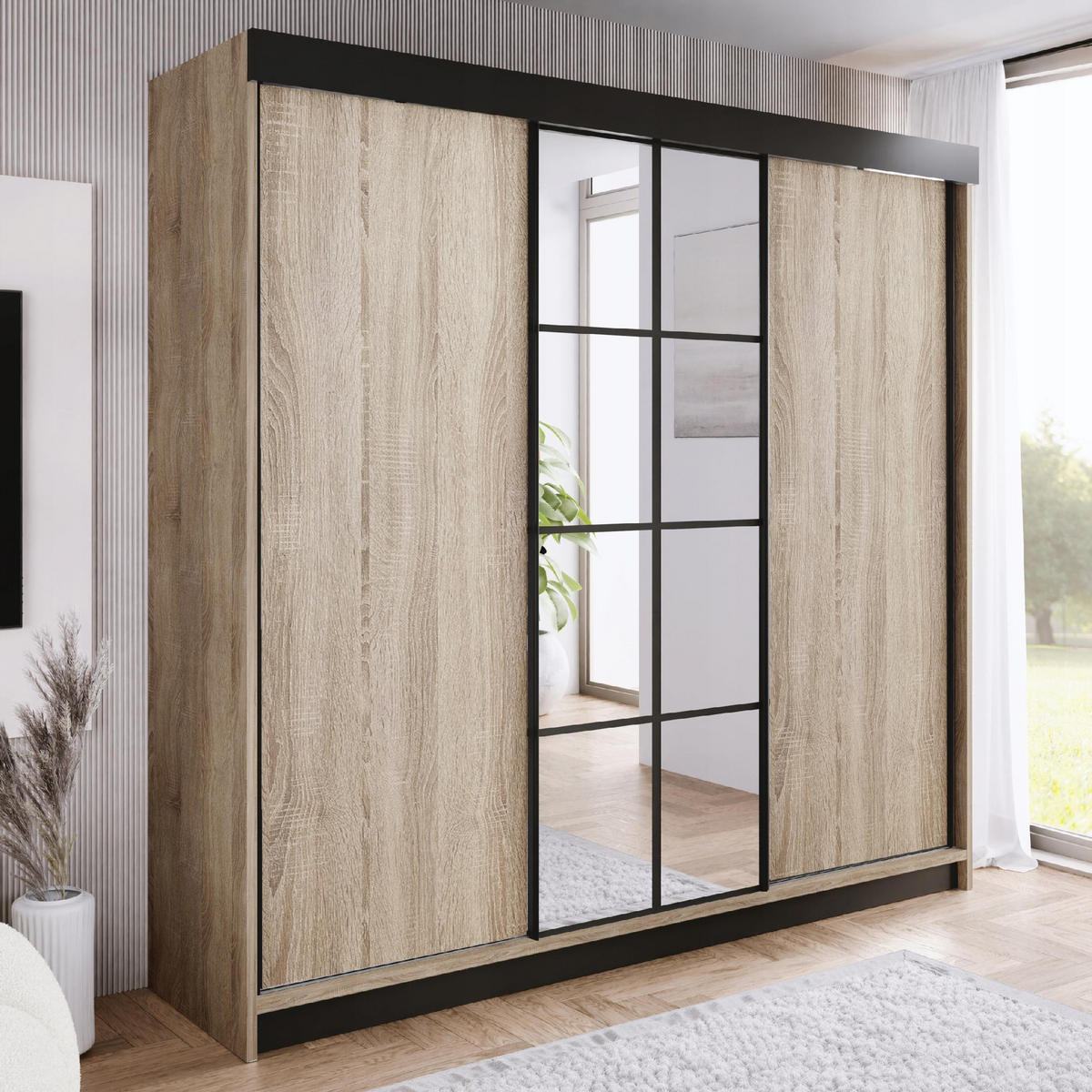 POSUVNÁ ŠATNÍ SKŘÍŇ ARI 1 se zrcadlem 250 - Dub Sonoma - Sonoma dub, kompozitní dřevo (250/200/62cm) - Kier Furniture