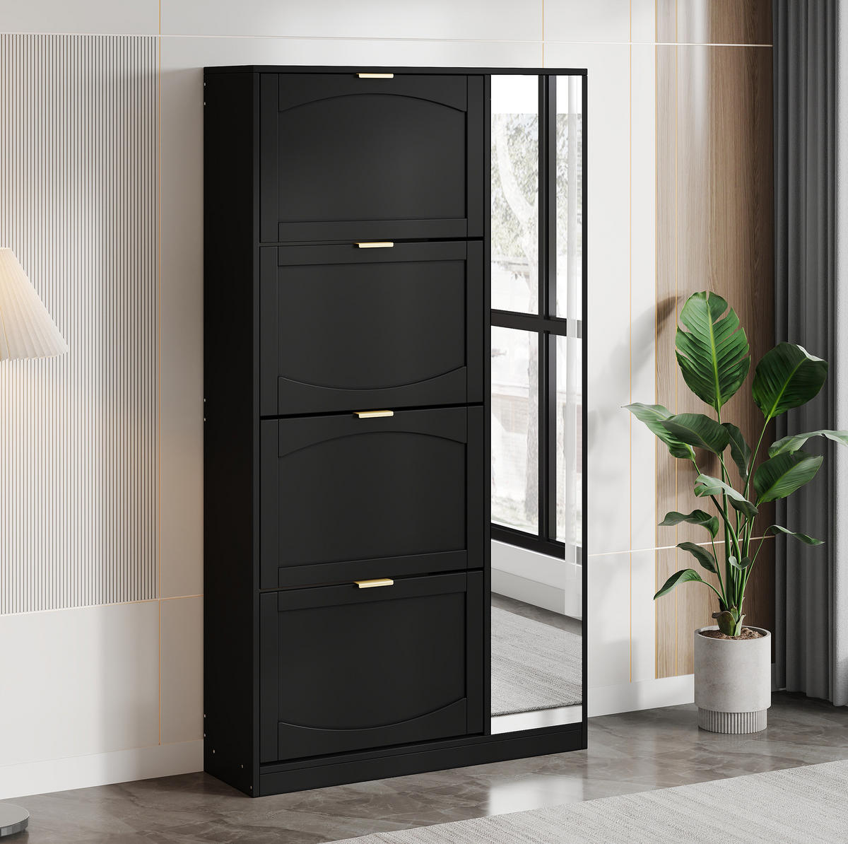SCHUHSCHRANK aus Spanplatte 80x24x147cm in Schwarz mit Spiegeltüren - Schwarz, Holzwerkstoff (80/147/24cm) - Modfu