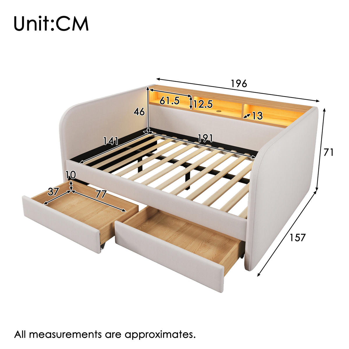 POLSTERBETT 140/190 cm Hellbeige mit LED und USB-C-Anschlüssen - Beige, Textil (140/190cm) - OKWISH