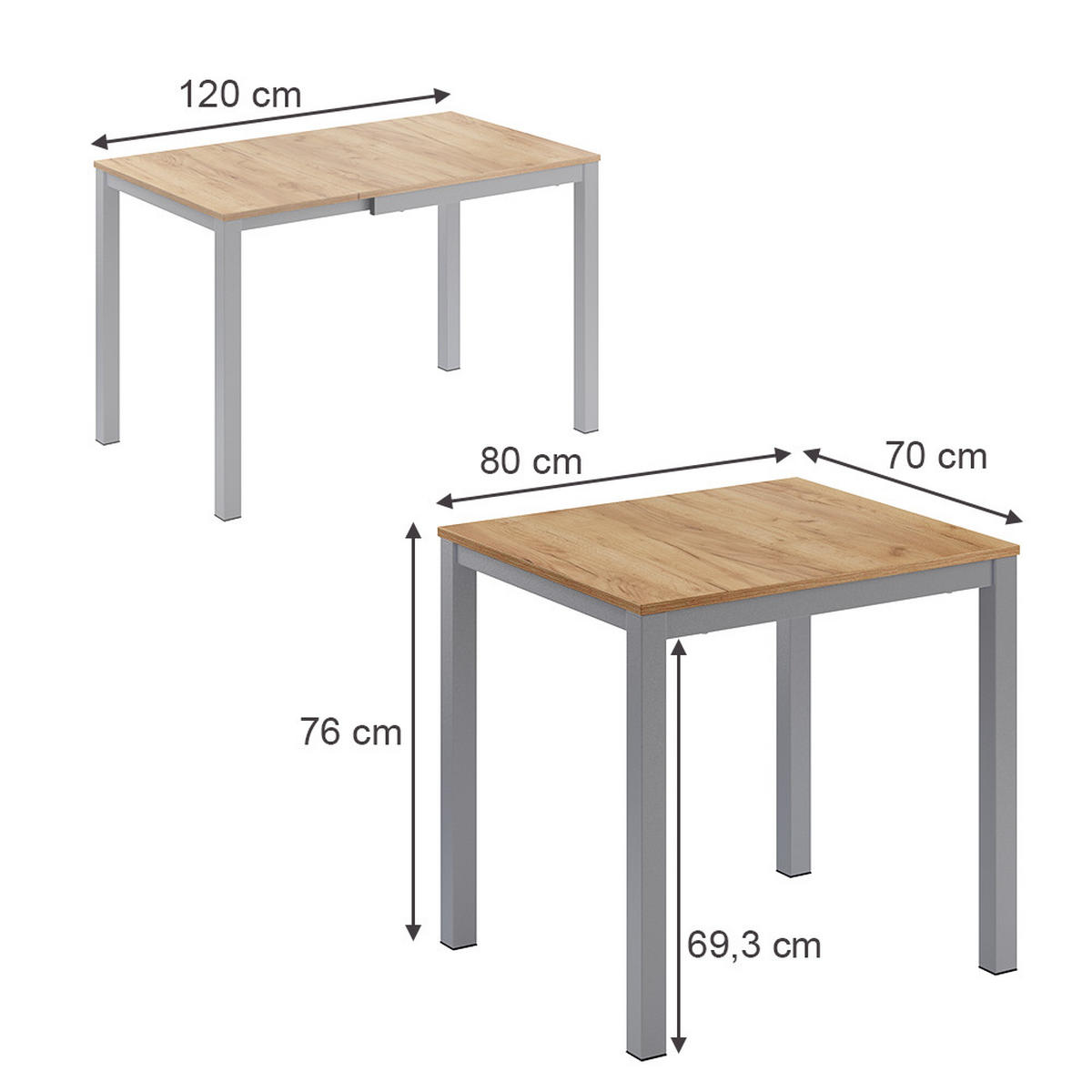 ESSTISCH Granny Eiche/Grau 120 x 70 cm ausziehbar - Graubraun/Grau, Holzwerkstoff (70/120/76cm) - Vicco