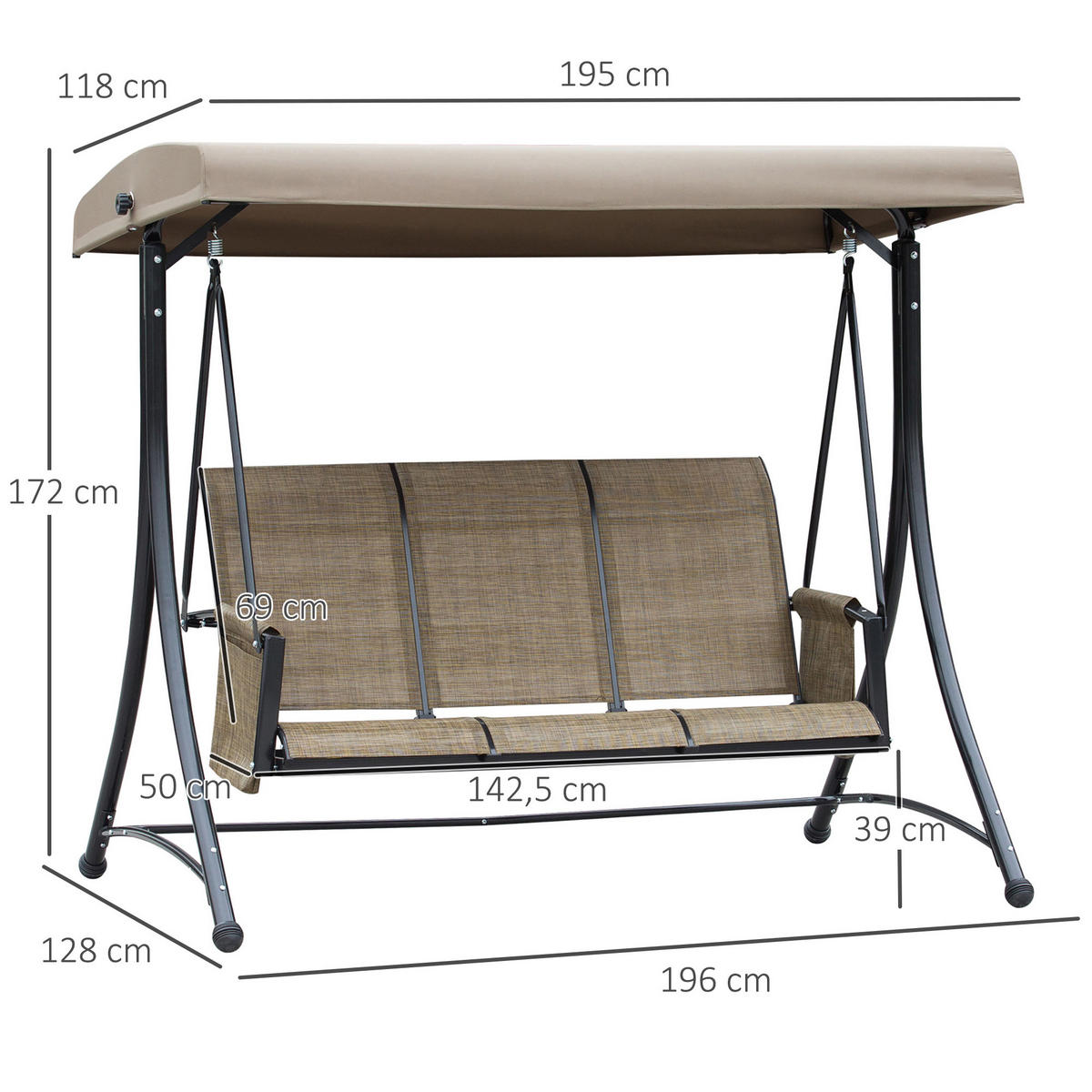 HOLLYWOODSCHAUKEL 3-Sitzer Seitentasche - Braun, Metall (128/172/196cm) - Outsunny