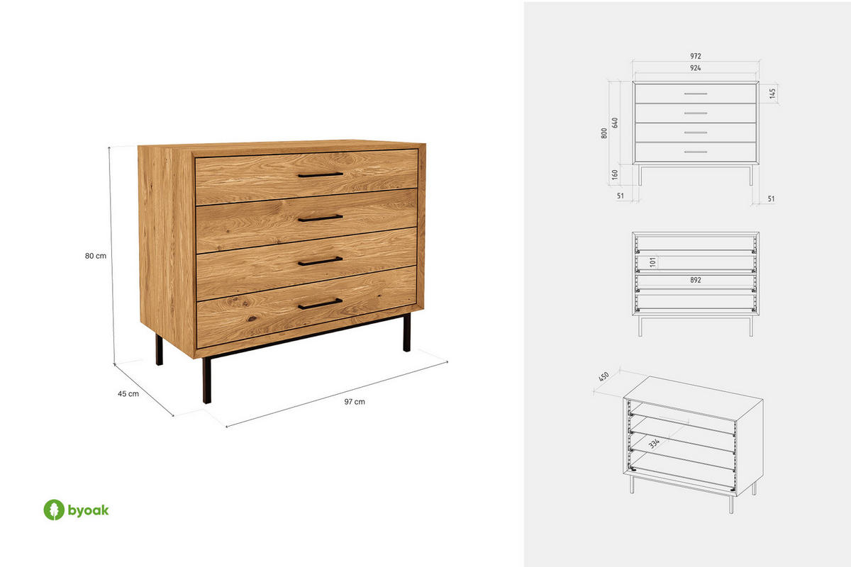 KOMMODE LEON Wildeiche - Wildeiche, Holz (97/80/45cm) - byoak
