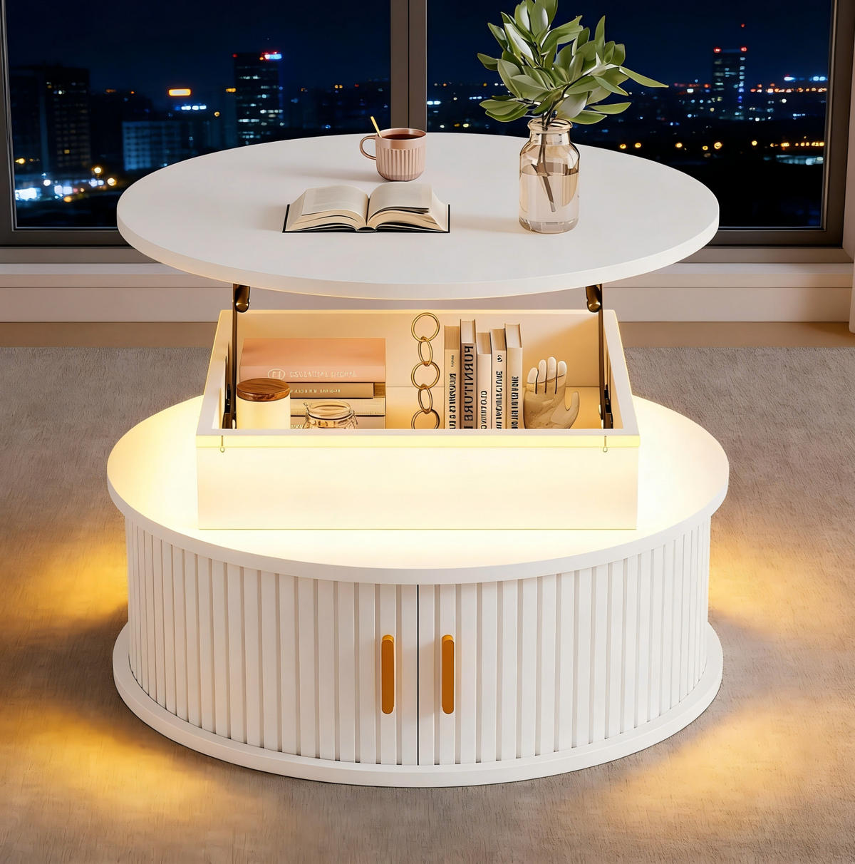 COUCHTISCH 75/75/52 cm höhenverstellbar mit LED-Beleuchtung, Rollladentüren und Stauraum aus MDF, Weiß - Weiß, Holzwerkstoff (75/75/52cm) - Redom
