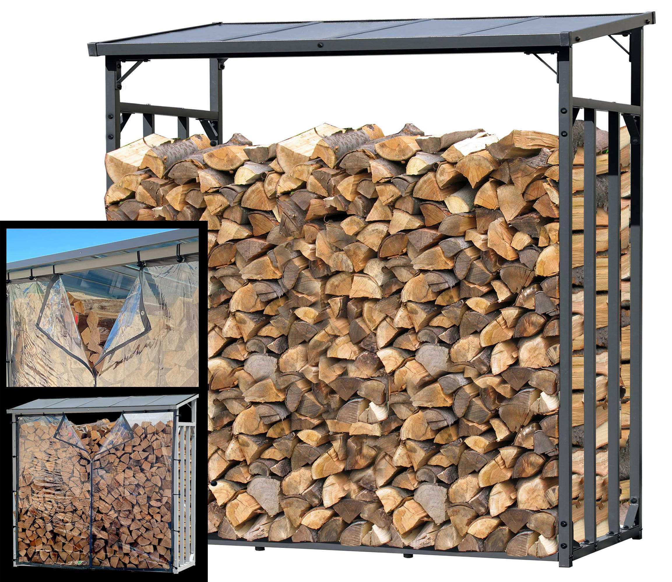 KAMINHOLZREGAL Außen Promo 185x70x185 cm Metall Anthrazit mit Wetterschutz Transparent 2,3 m³ / 3,5 SRM - Transparent/Anthrazit, Metall (185/185/70cm) - QUICK STAR