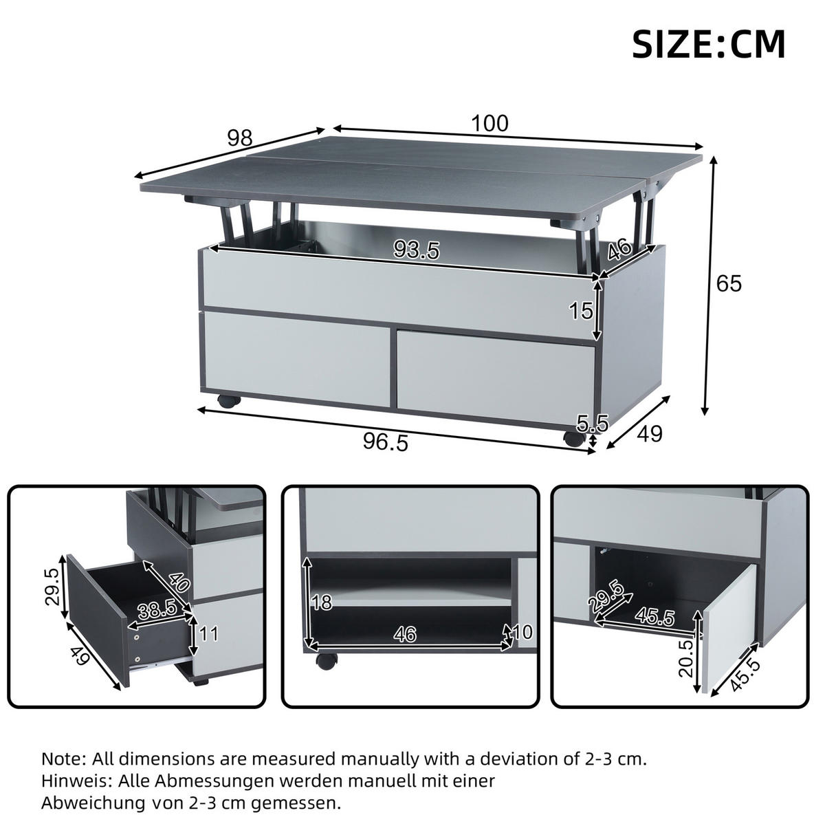 KONFERENČNÍ stolek 100/98/65 cm s hydraulickým zdvihem, úložným prostorem a kolečky, šedá a bílá - šedá, kompozitní dřevo (100/98/65cm) - Redom