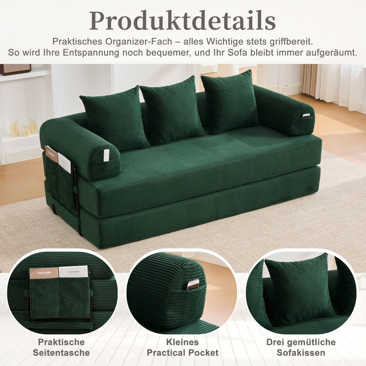 SOFA 200/94/67 cm aus Cord mit Metallgestell und 3 Kissen Emerald - Smaragdgrün, Textil (94/67/200cm) - Modenvie
