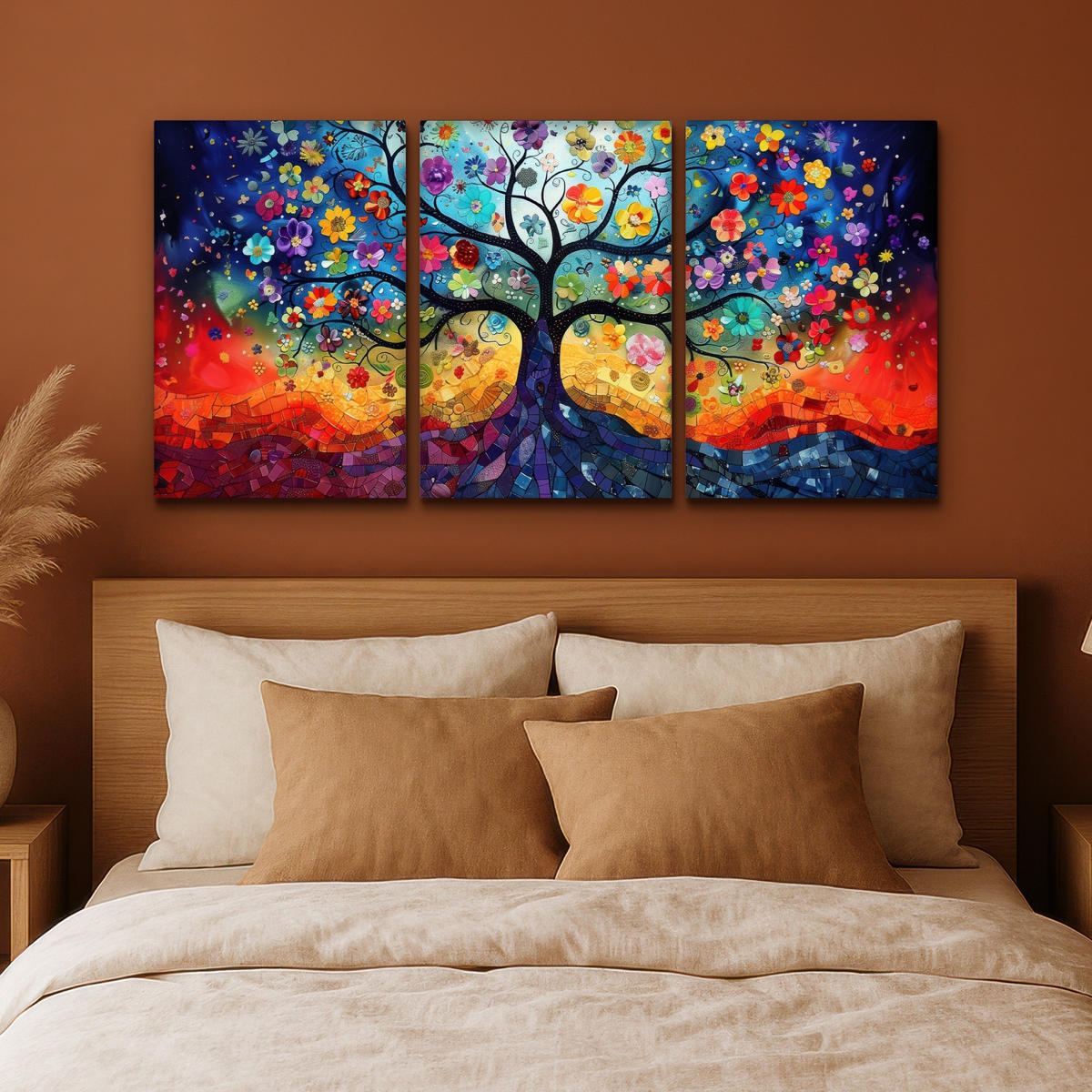 LEINWANDBILD 3er Set Bunt - Baum des Lebens - Blumen - Abstrakt 120x60 cm - Blau, Textil (120/60cm) - MuchoWow