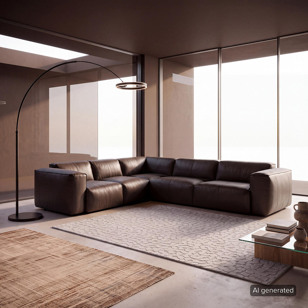 ECKSOFA mit Rundecke - Dunkelbraun/Schwarz, Leder/Kunststoff (325/260cm) - home24